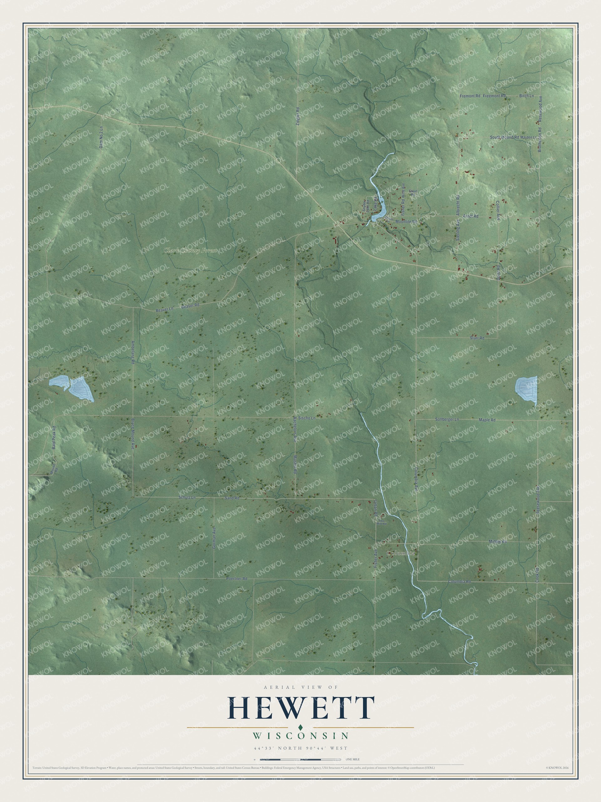 Full map of Hewett, Wisconsin, with red buildings, printed street names and the land around them