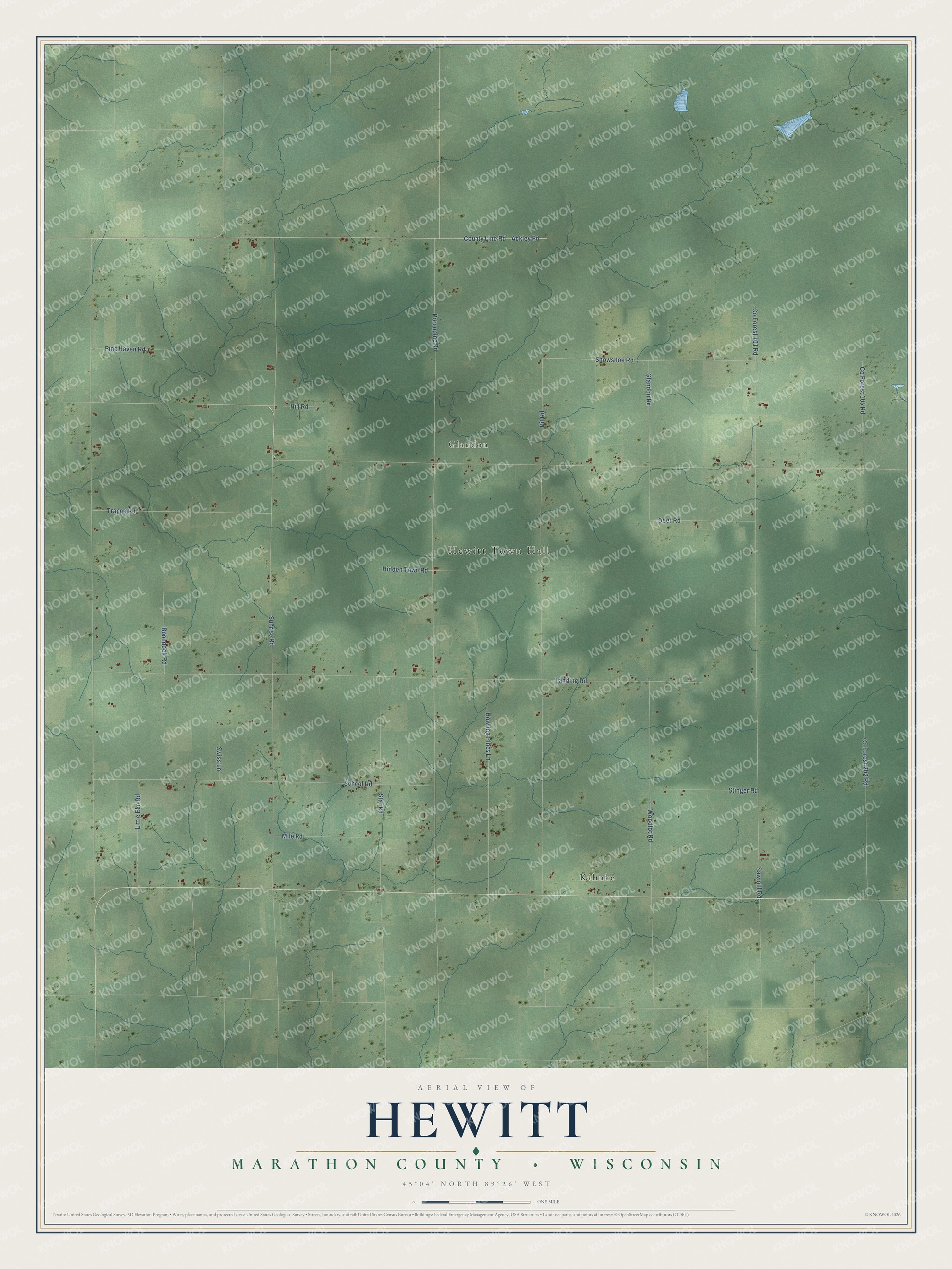 Full map of Hewitt, Wisconsin, with red buildings, printed street names and the land around them