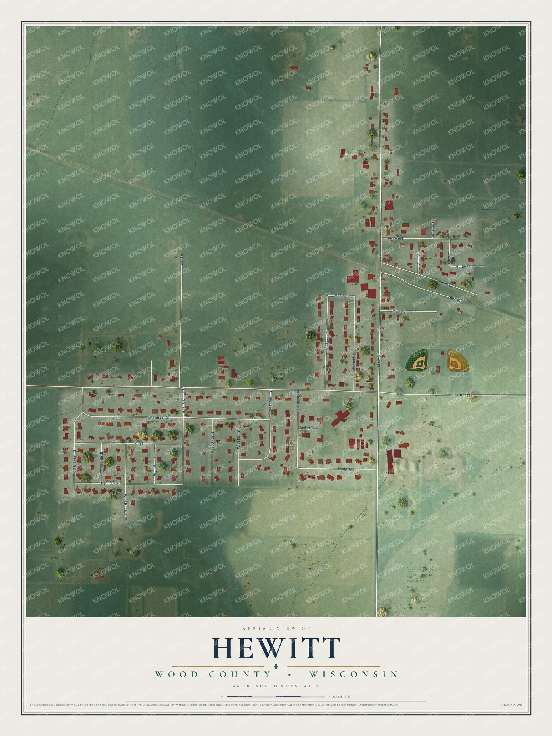 Full map of Hewitt, Wisconsin, with red buildings, printed street names and the land around them