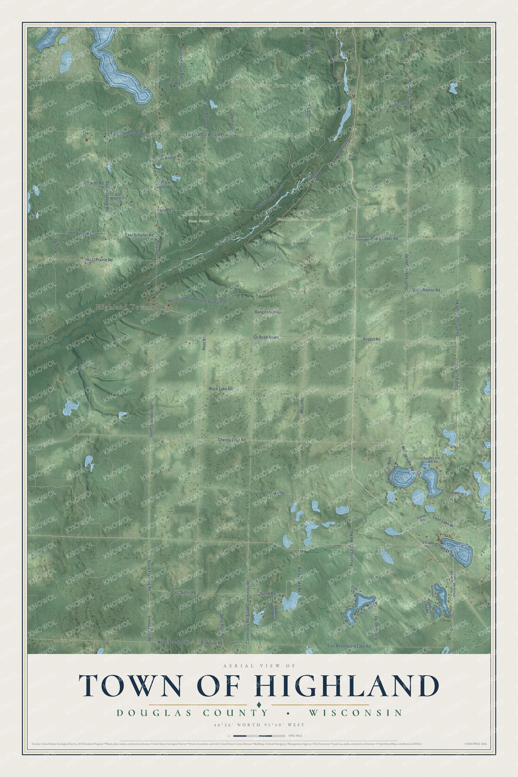 Full map of Highland, Wisconsin, with red buildings, printed street names and the land around them