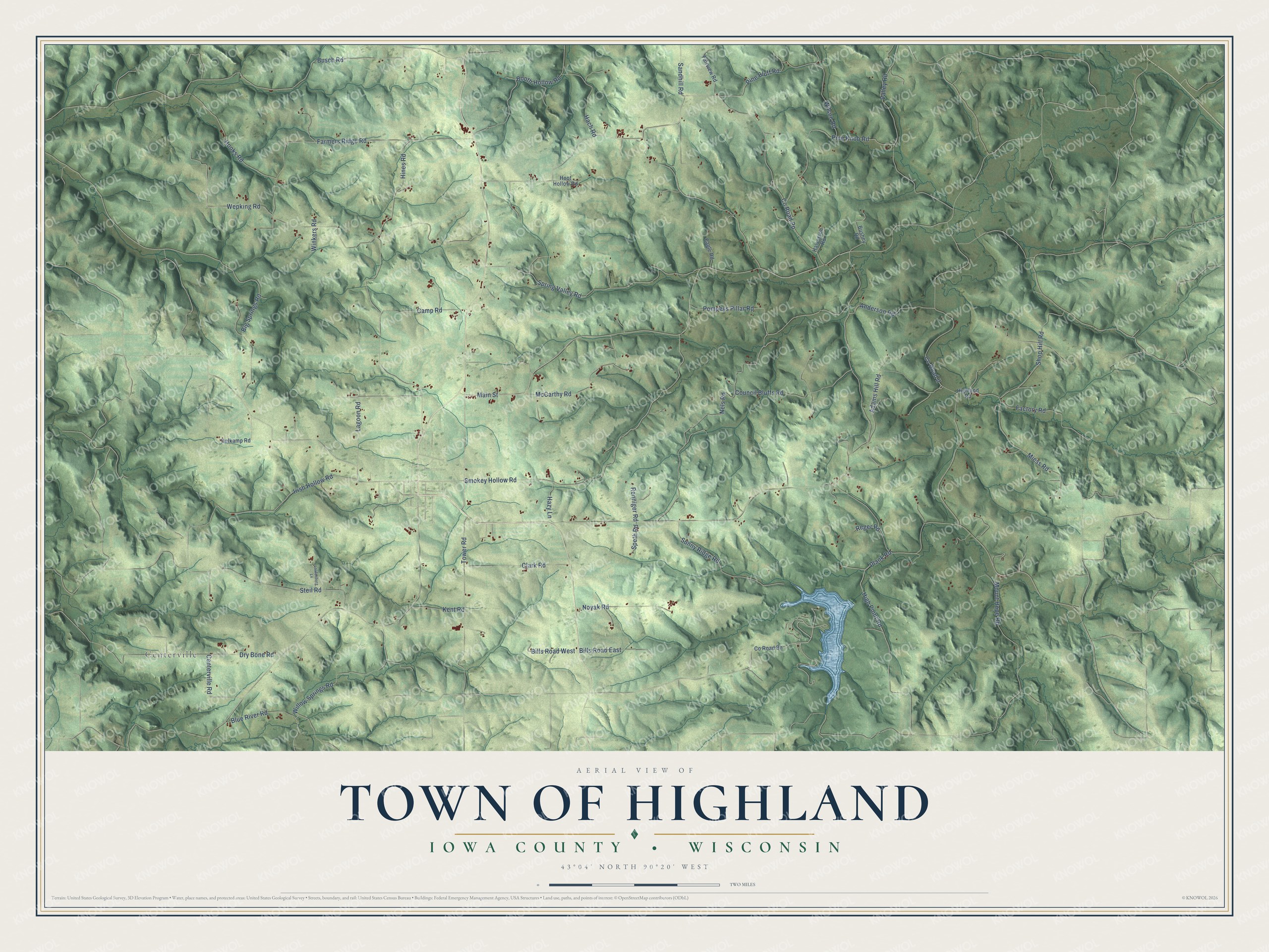 Full map of Highland, Wisconsin, with red buildings, printed street names and the land around them