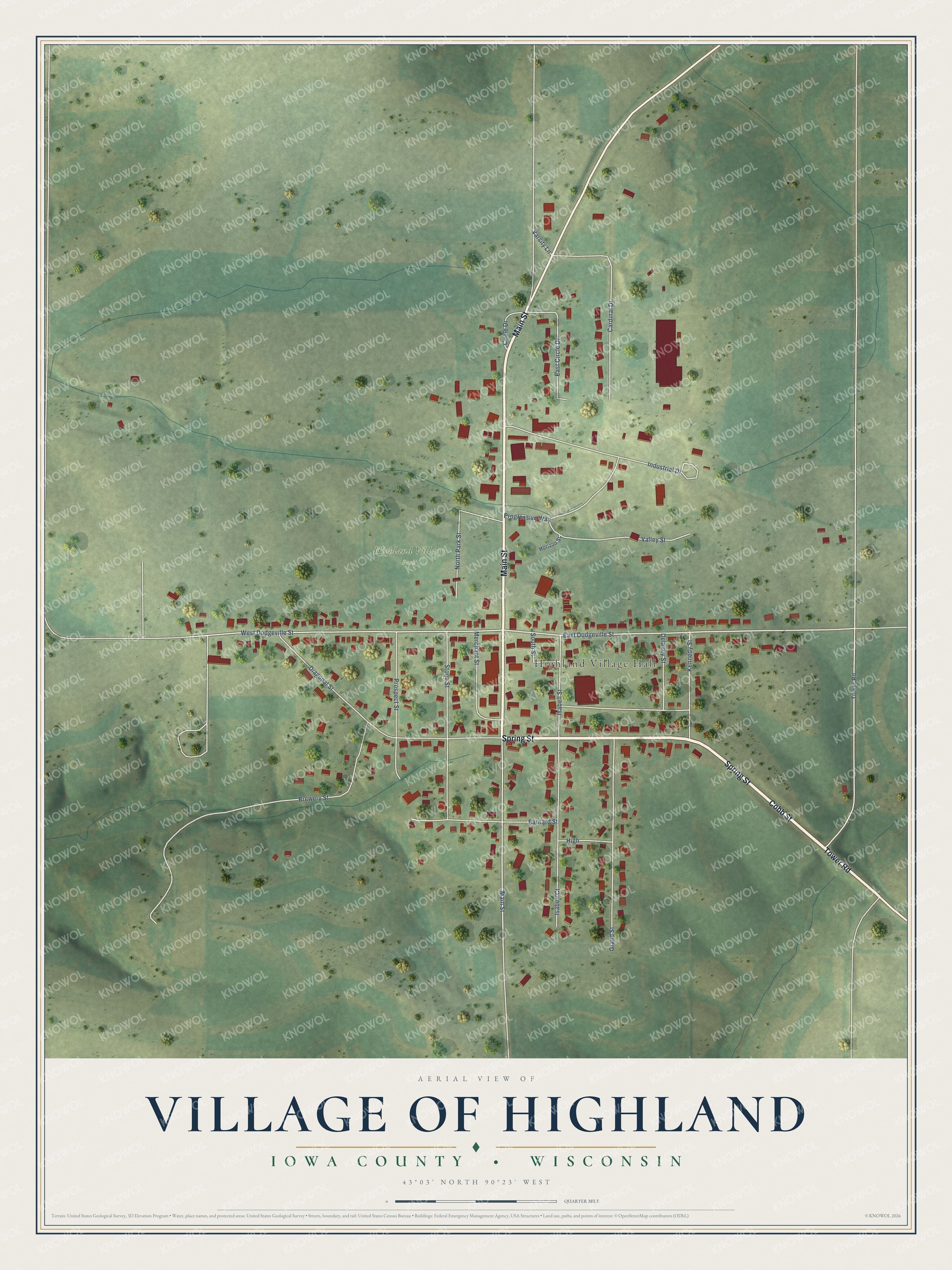 Full map of Highland, Wisconsin, with red buildings, printed street names and the land around them