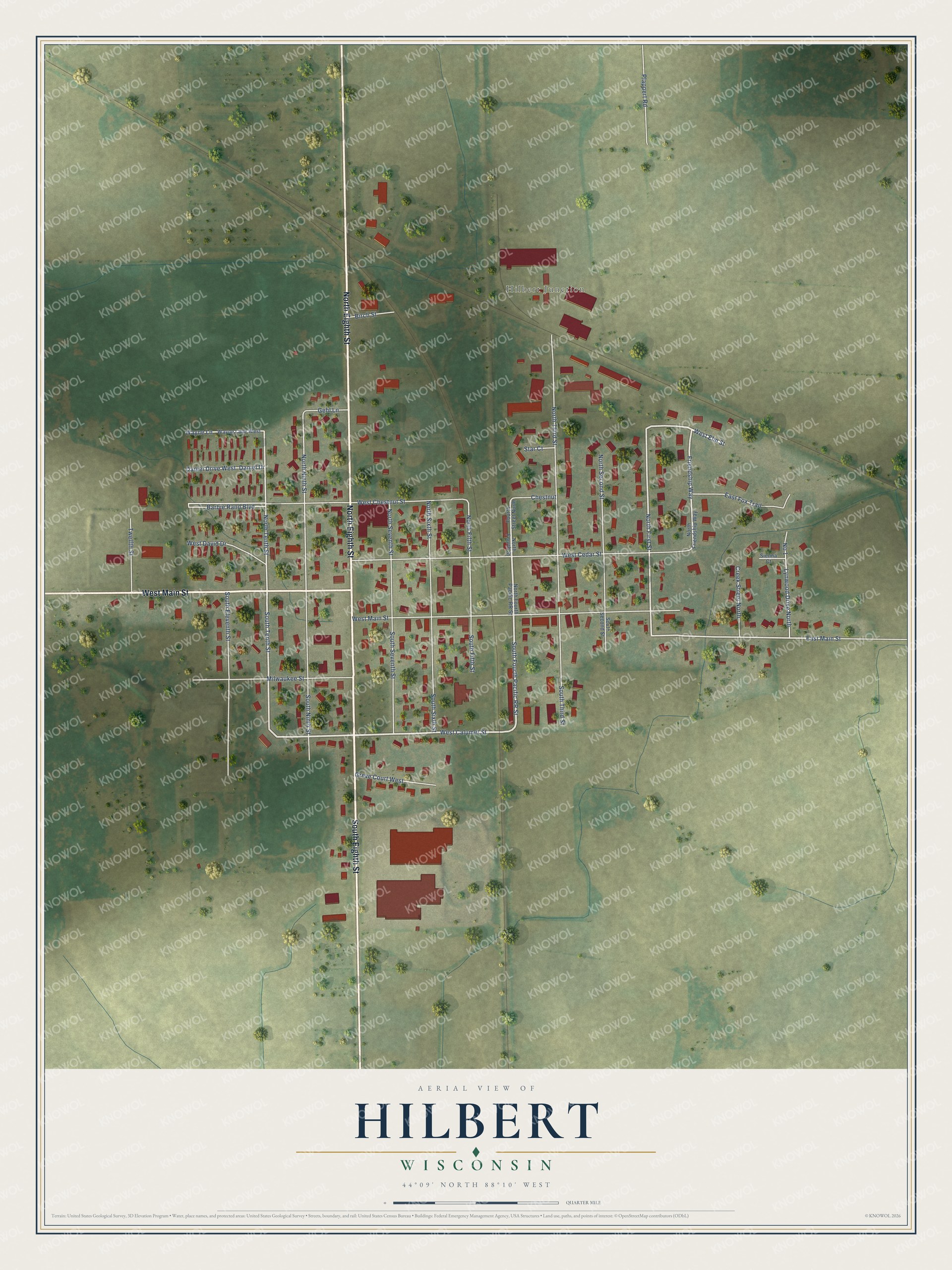Full map of Hilbert, Wisconsin, with red buildings, printed street names and the land around them