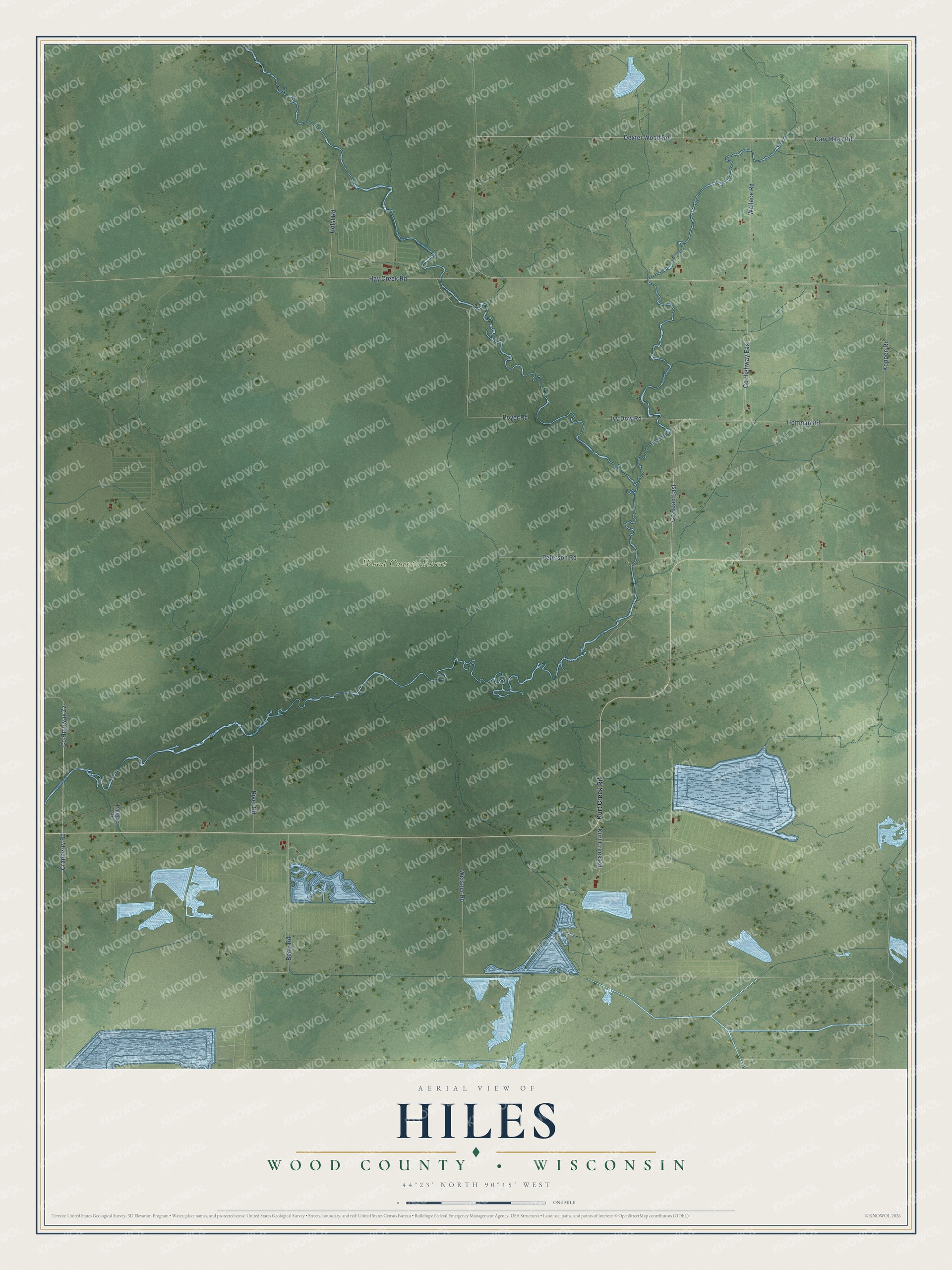 Full map of Hiles, Wisconsin, with red buildings, printed street names and the land around them