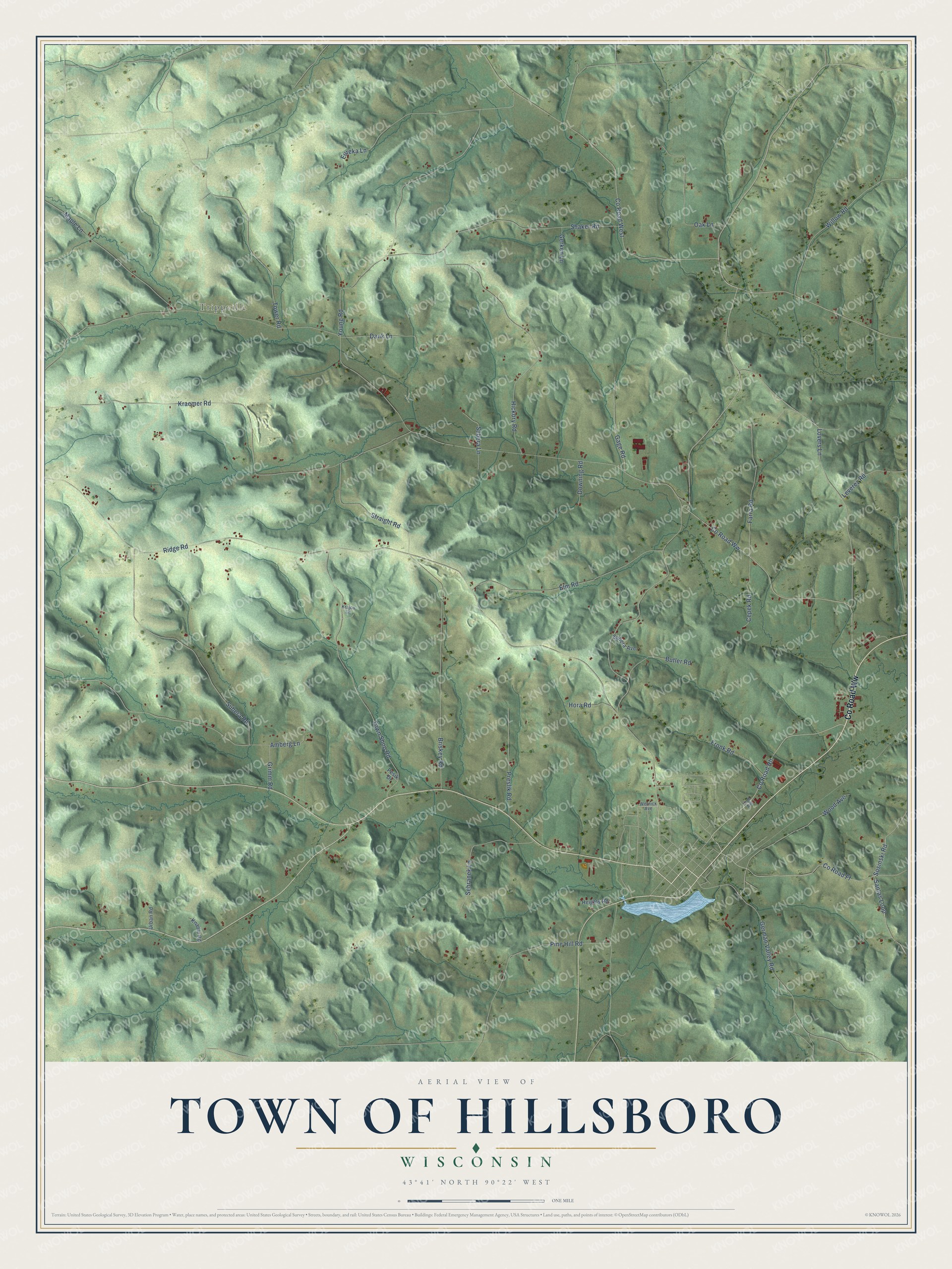 Full map of Hillsboro, Wisconsin, with red buildings, printed street names and the land around them