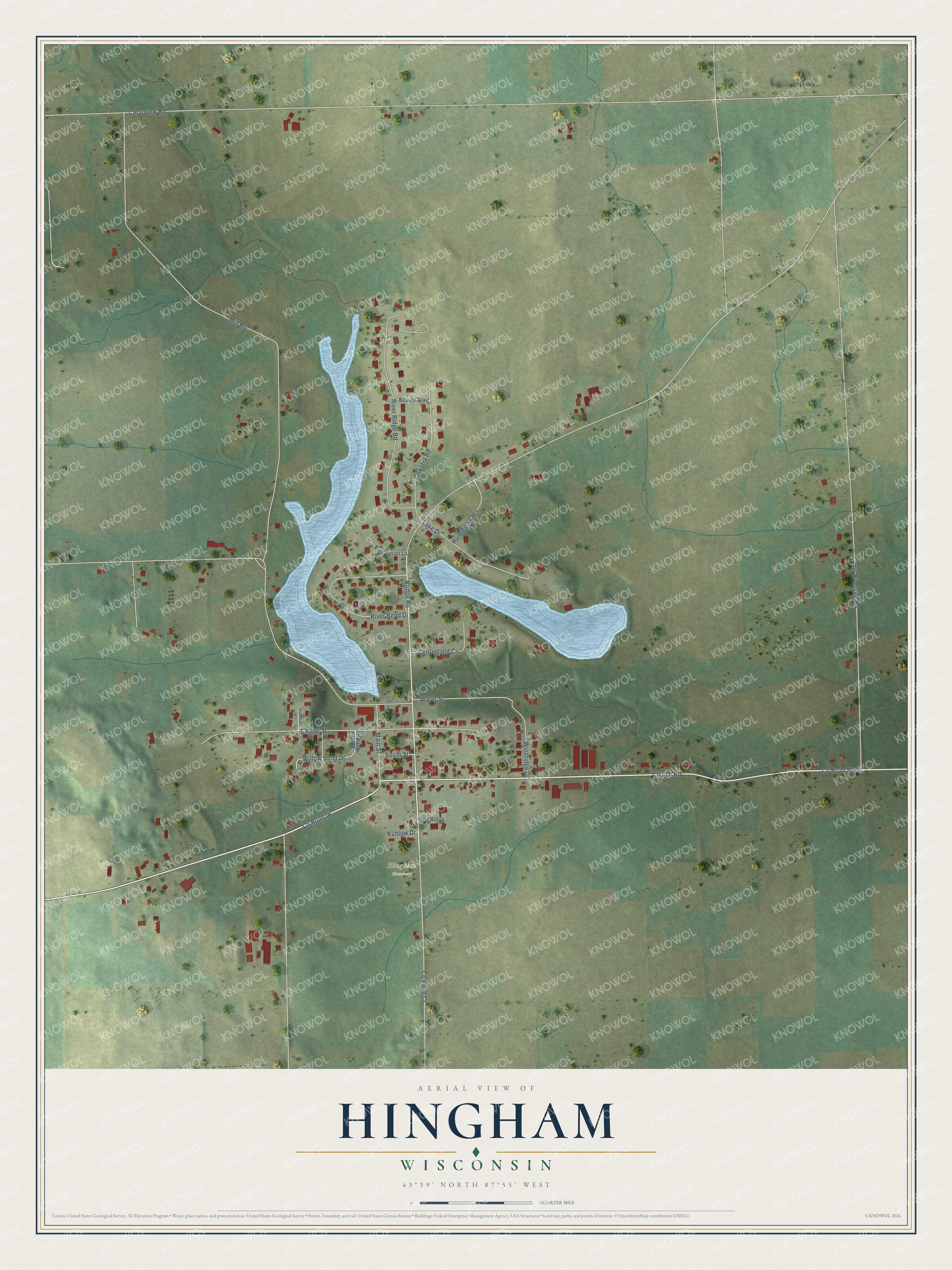 Full map of Hingham, Wisconsin, with red buildings, printed street names and the land around them
