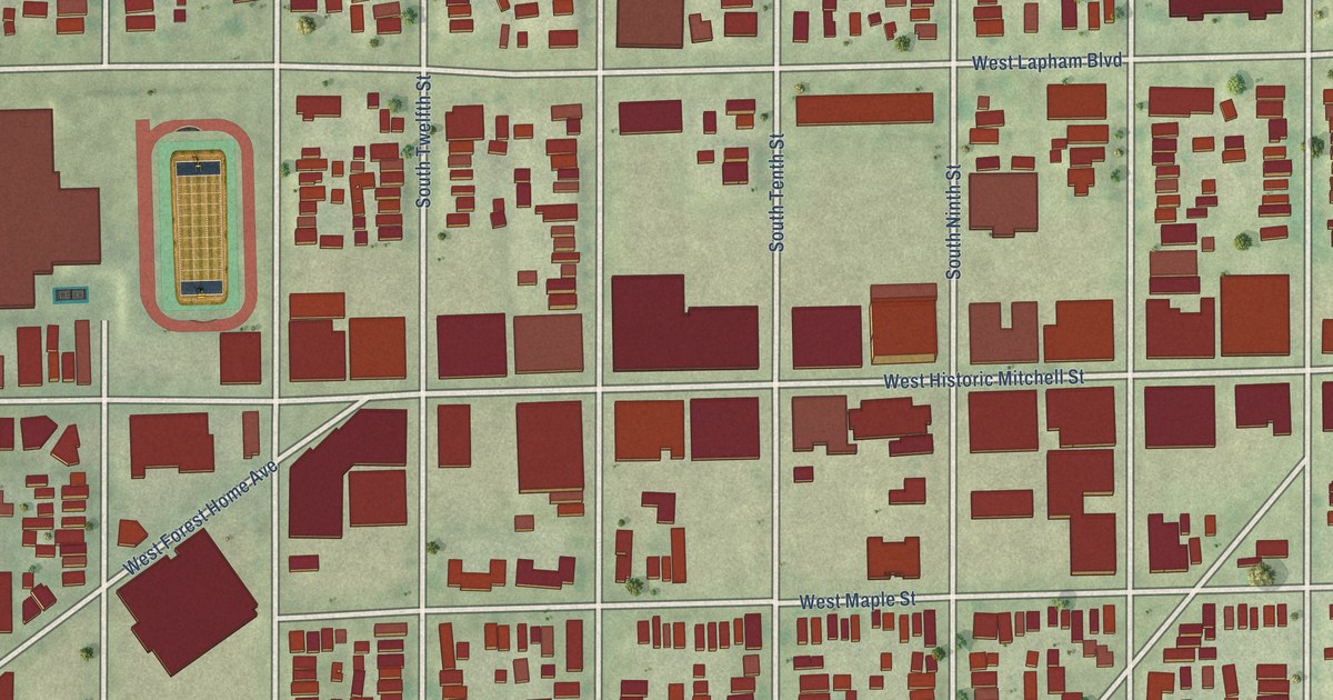 Close-up of streets and buildings in Historic Mitchell Street, Wisconsin