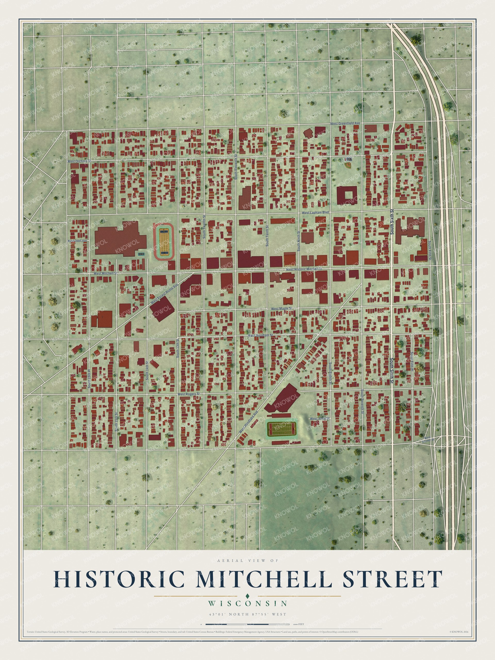 Full map of Historic Mitchell Street, Wisconsin, with red buildings, printed street names and the land around them