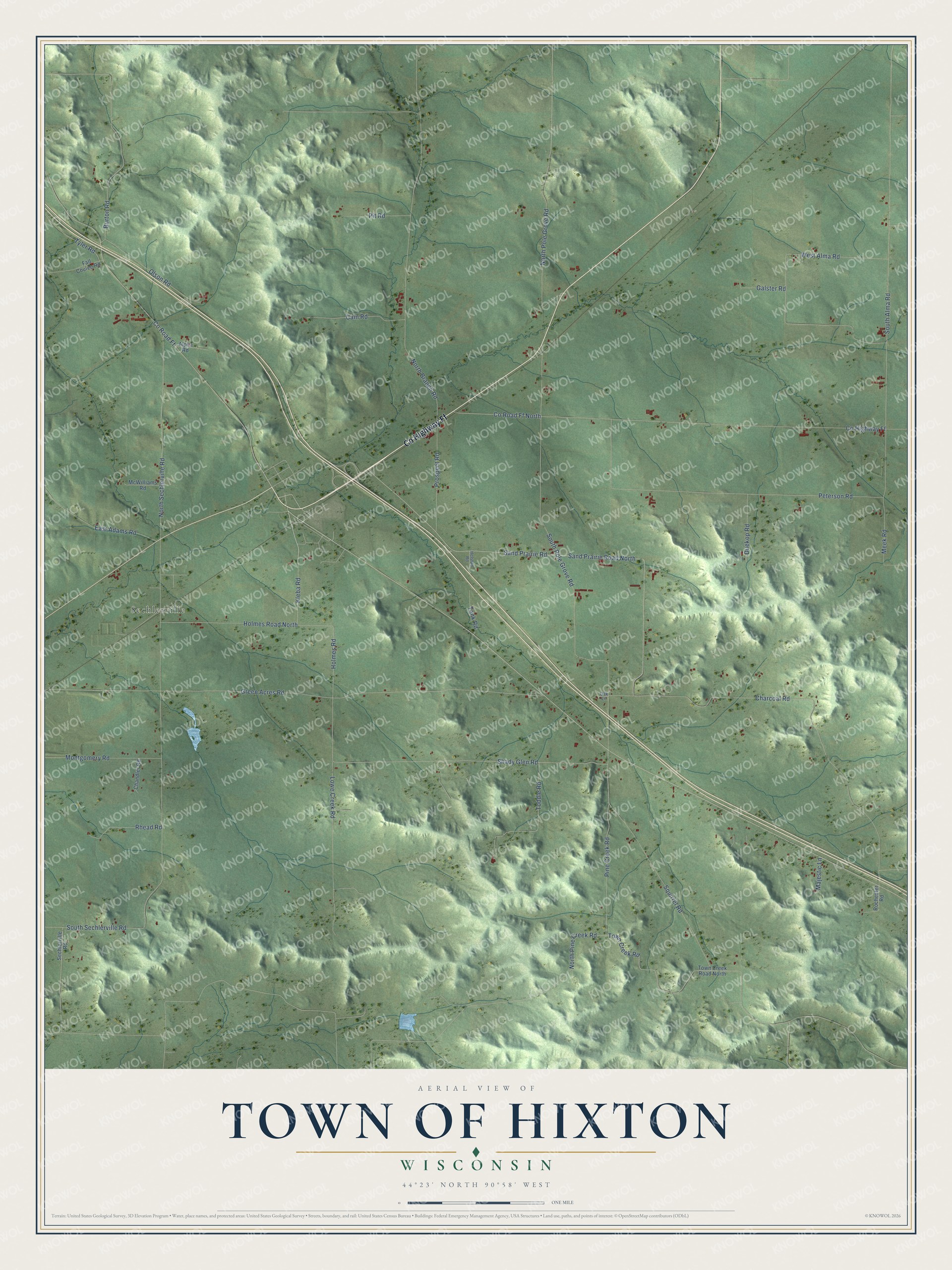 Full map of Hixton, Wisconsin, with red buildings, printed street names and the land around them