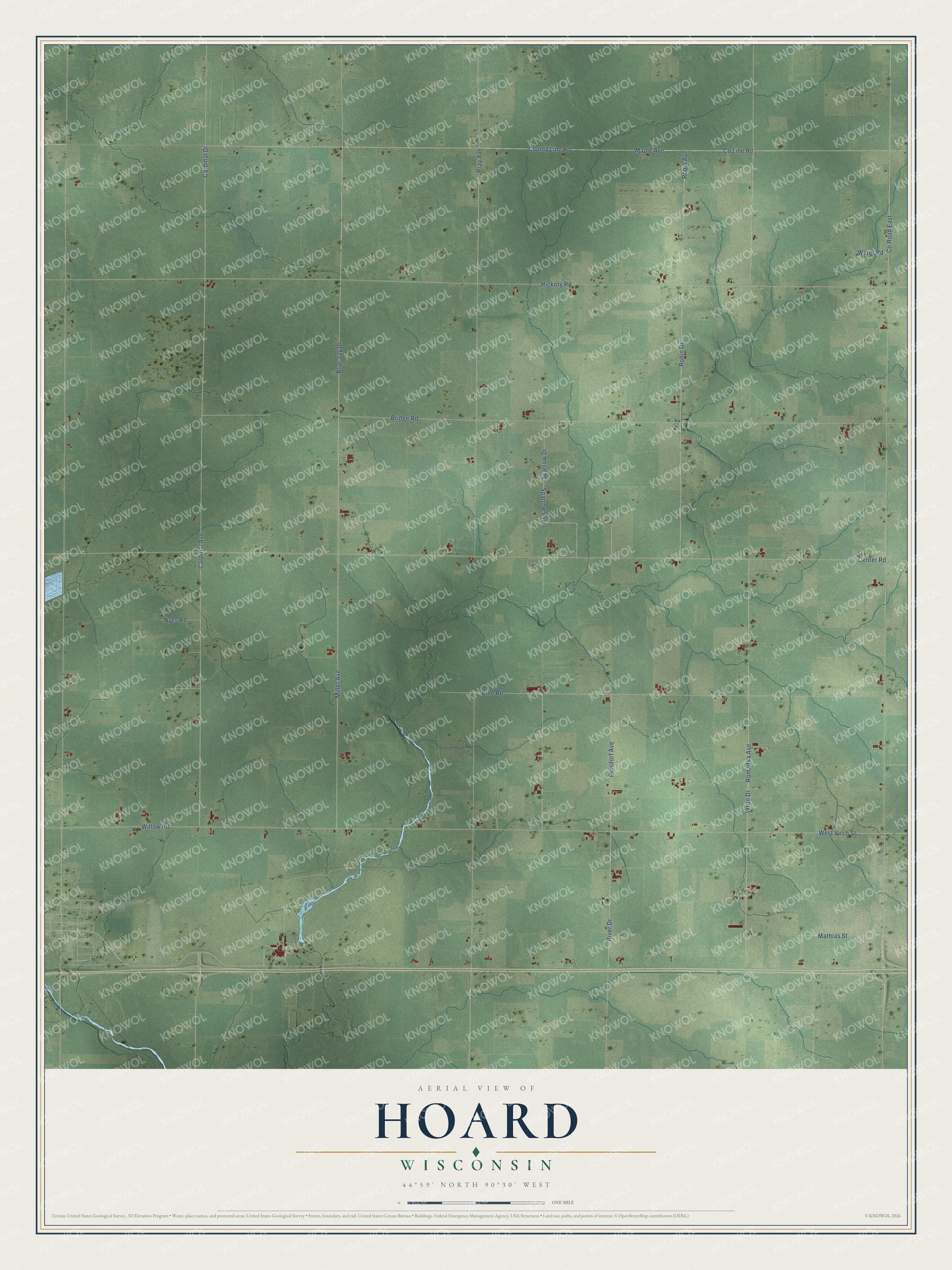 Full map of Hoard, Wisconsin, with red buildings, printed street names and the land around them