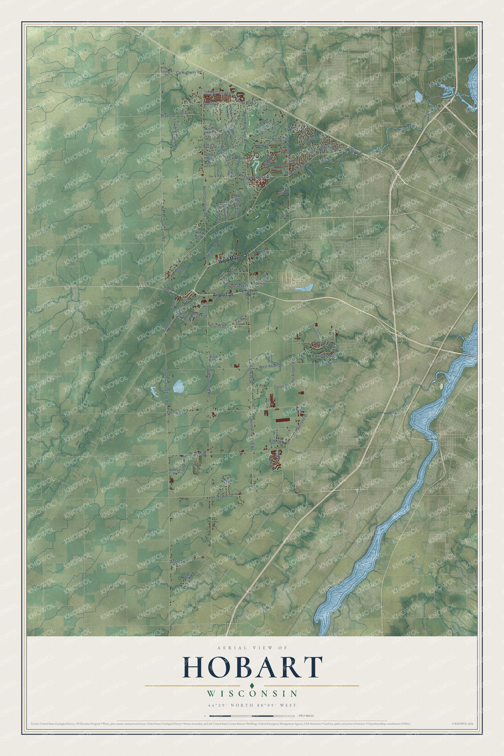Full map of Hobart, Wisconsin, with red buildings, printed street names and the land around them