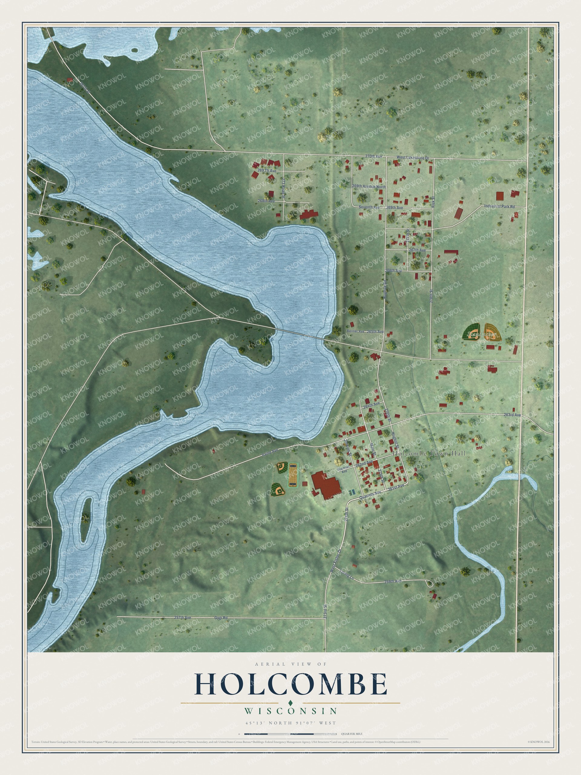 Full map of Holcombe, Wisconsin, with red buildings, printed street names and the land around them