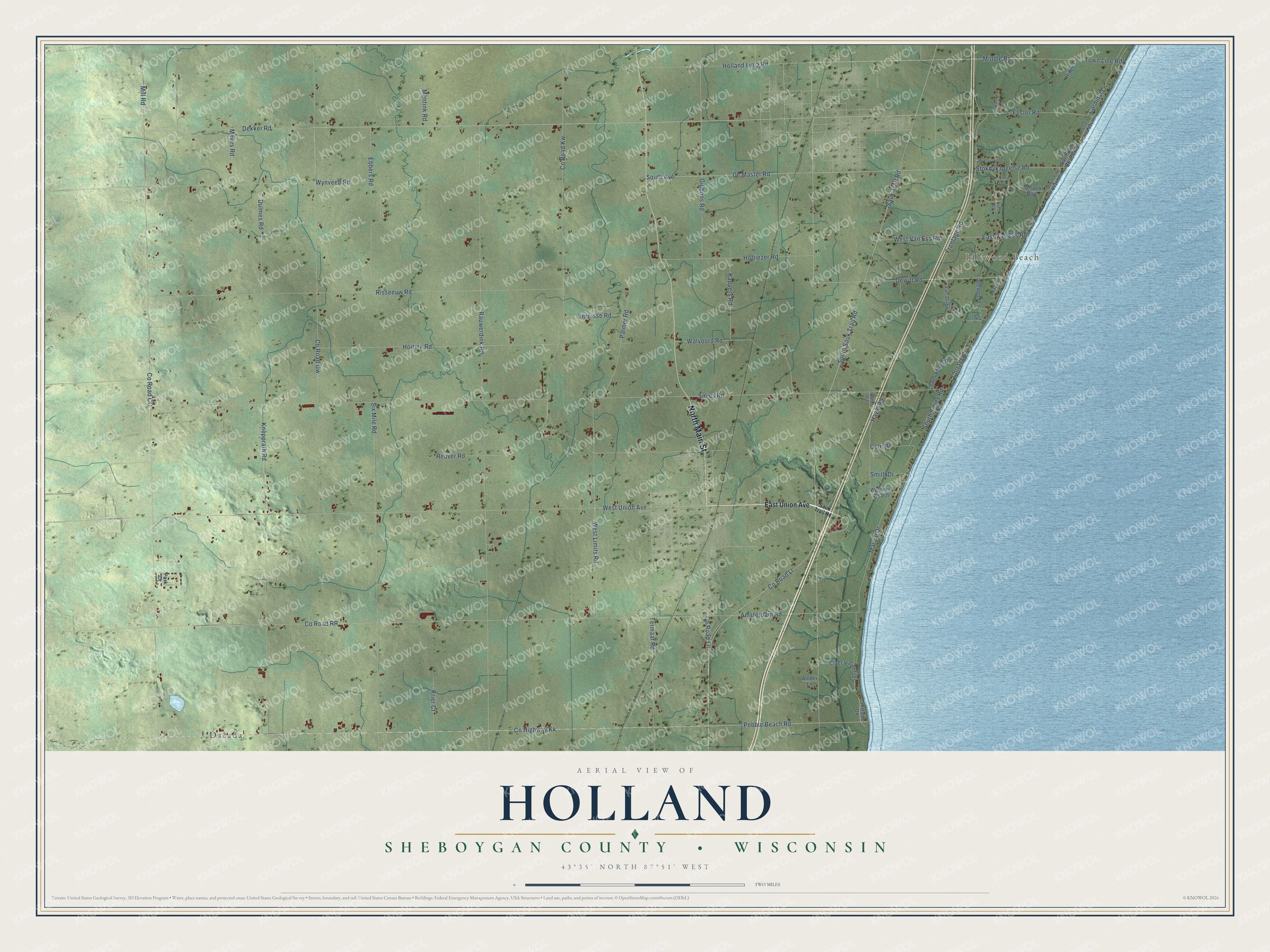 Full map of Holland, Wisconsin, with red buildings, printed street names and the land around them