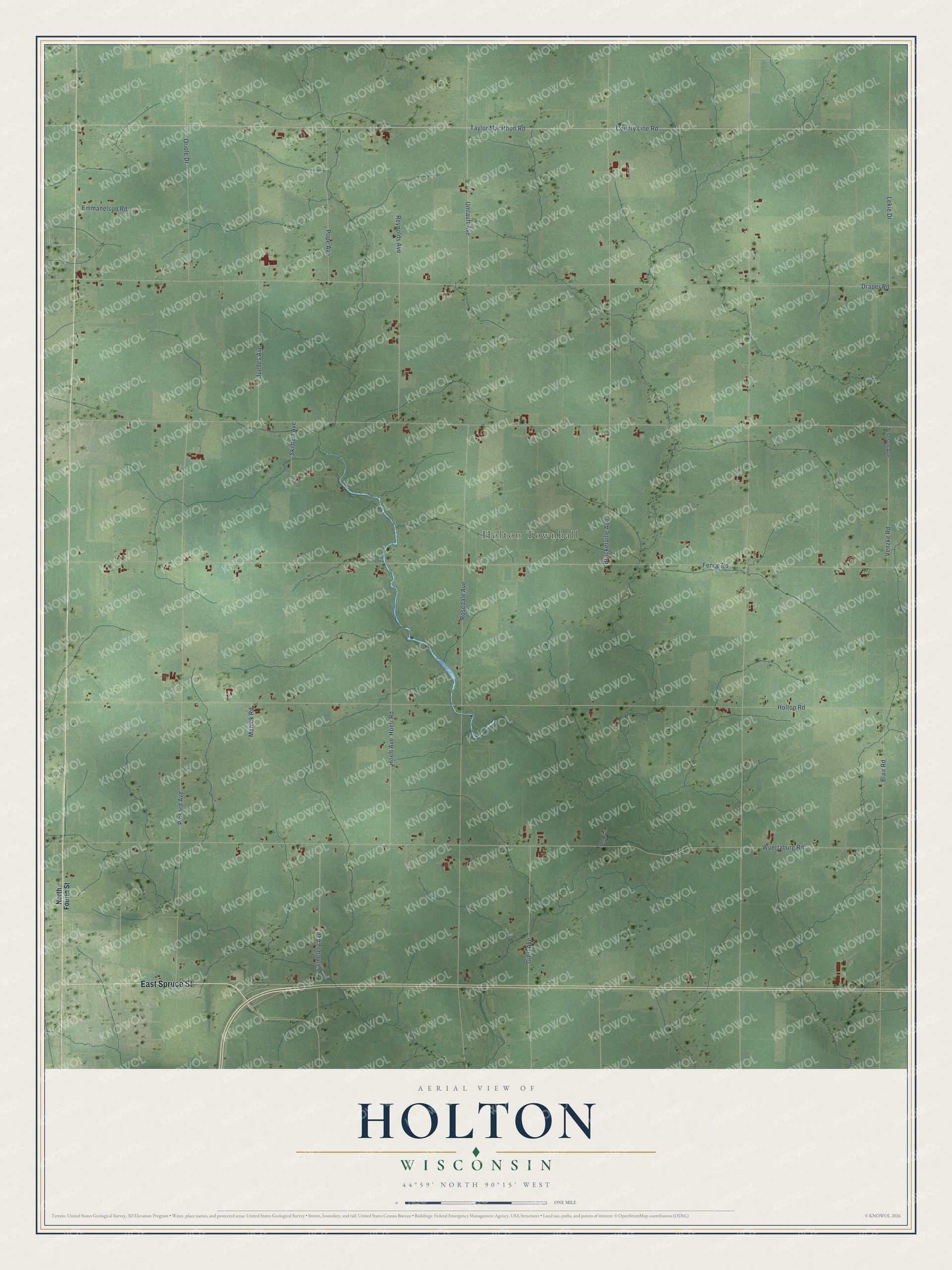 Full map of Holton, Wisconsin, with red buildings, printed street names and the land around them