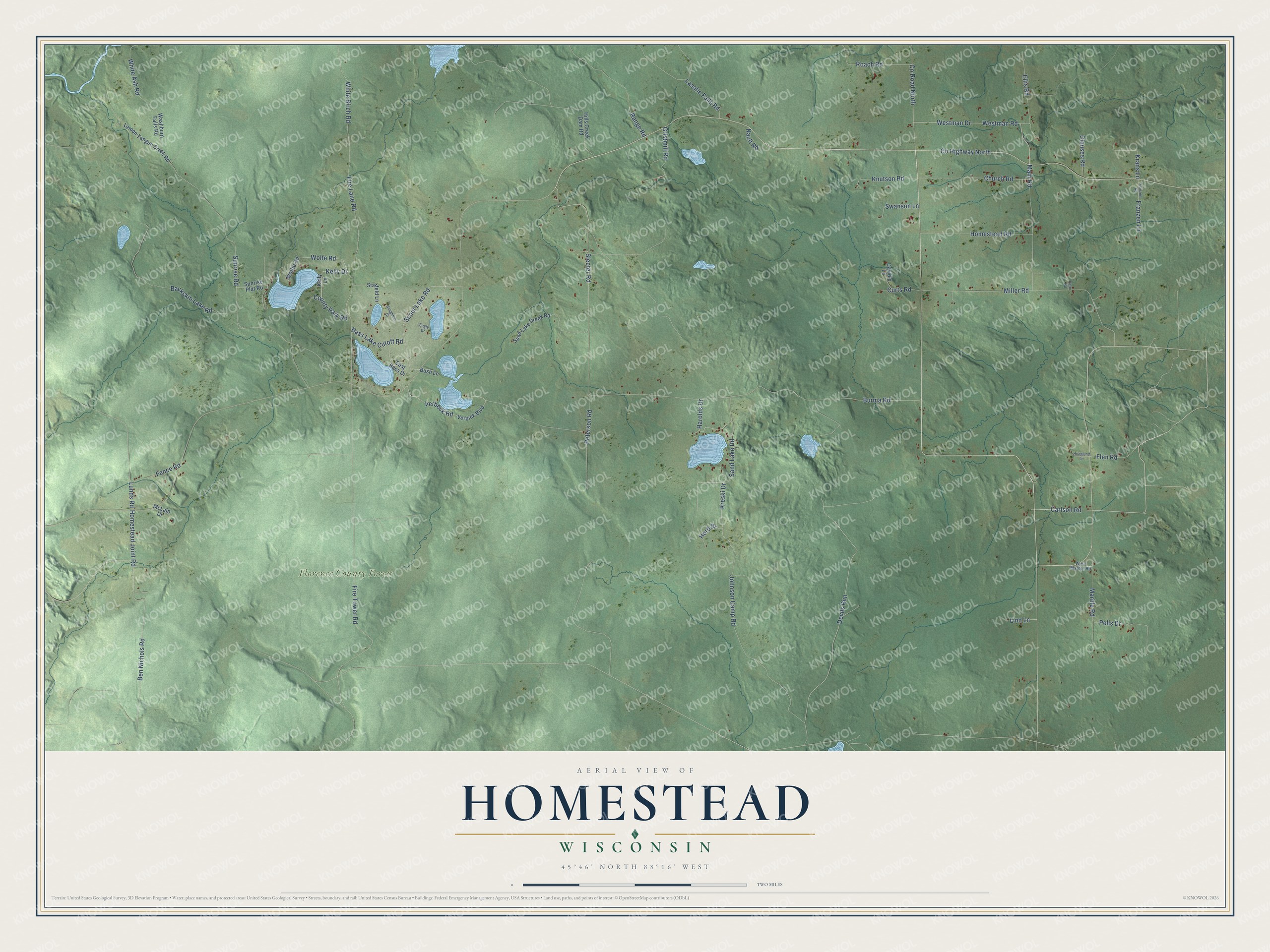 Full map of Homestead, Wisconsin, with red buildings, printed street names and the land around them