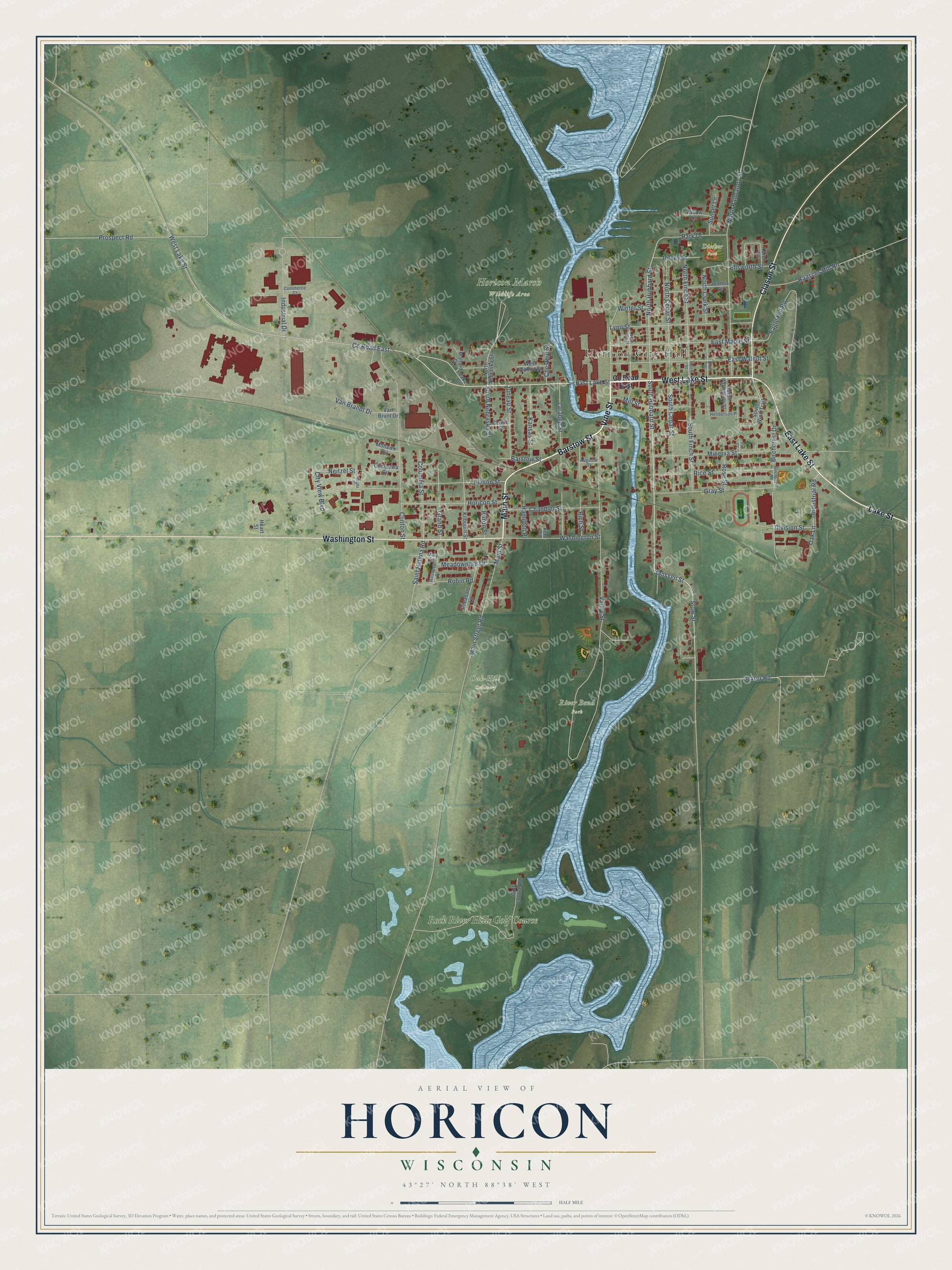 Full map of Horicon, Wisconsin, with red buildings, printed street names and the land around them