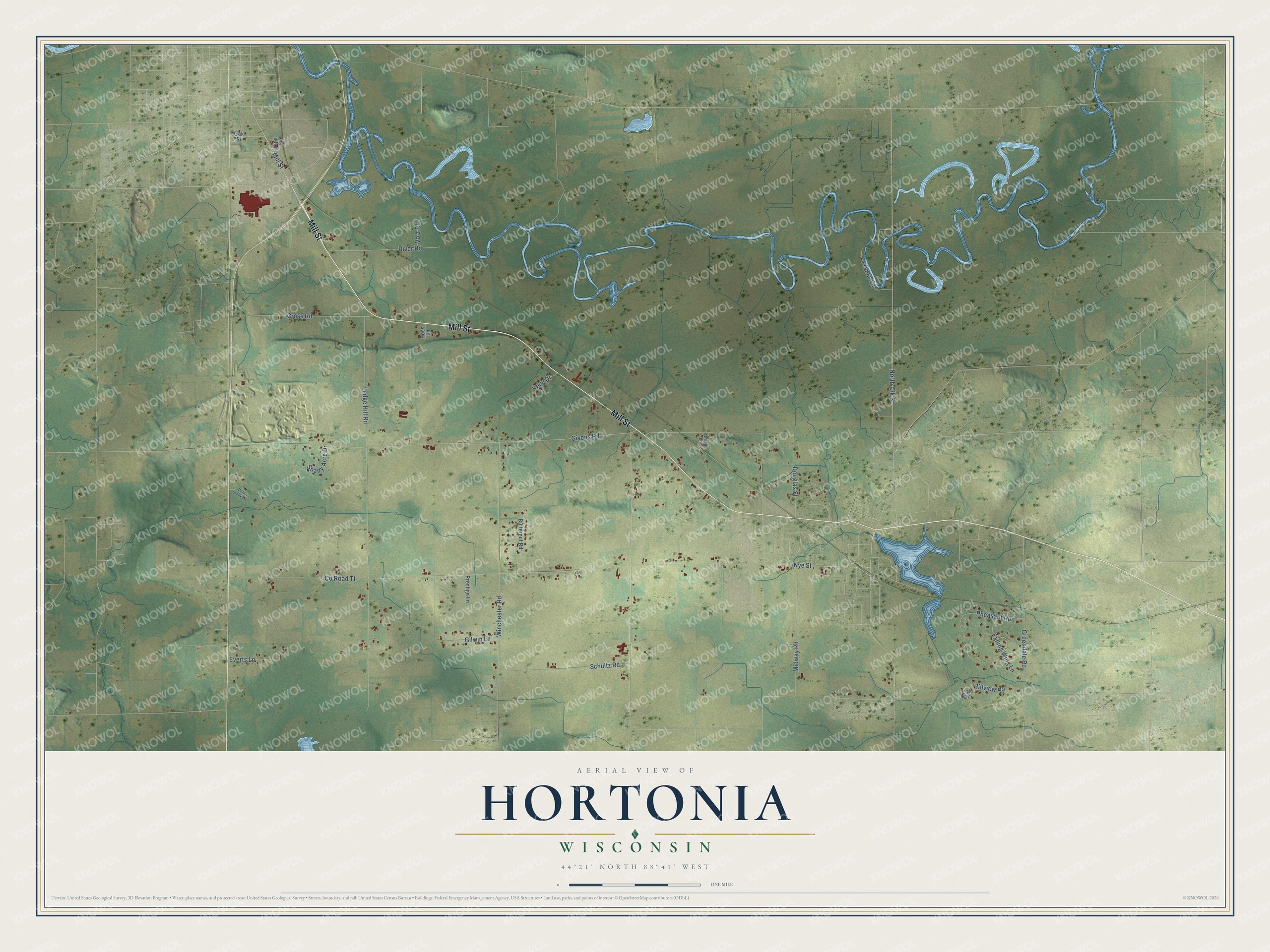 Full map of Hortonia, Wisconsin, with red buildings, printed street names and the land around them