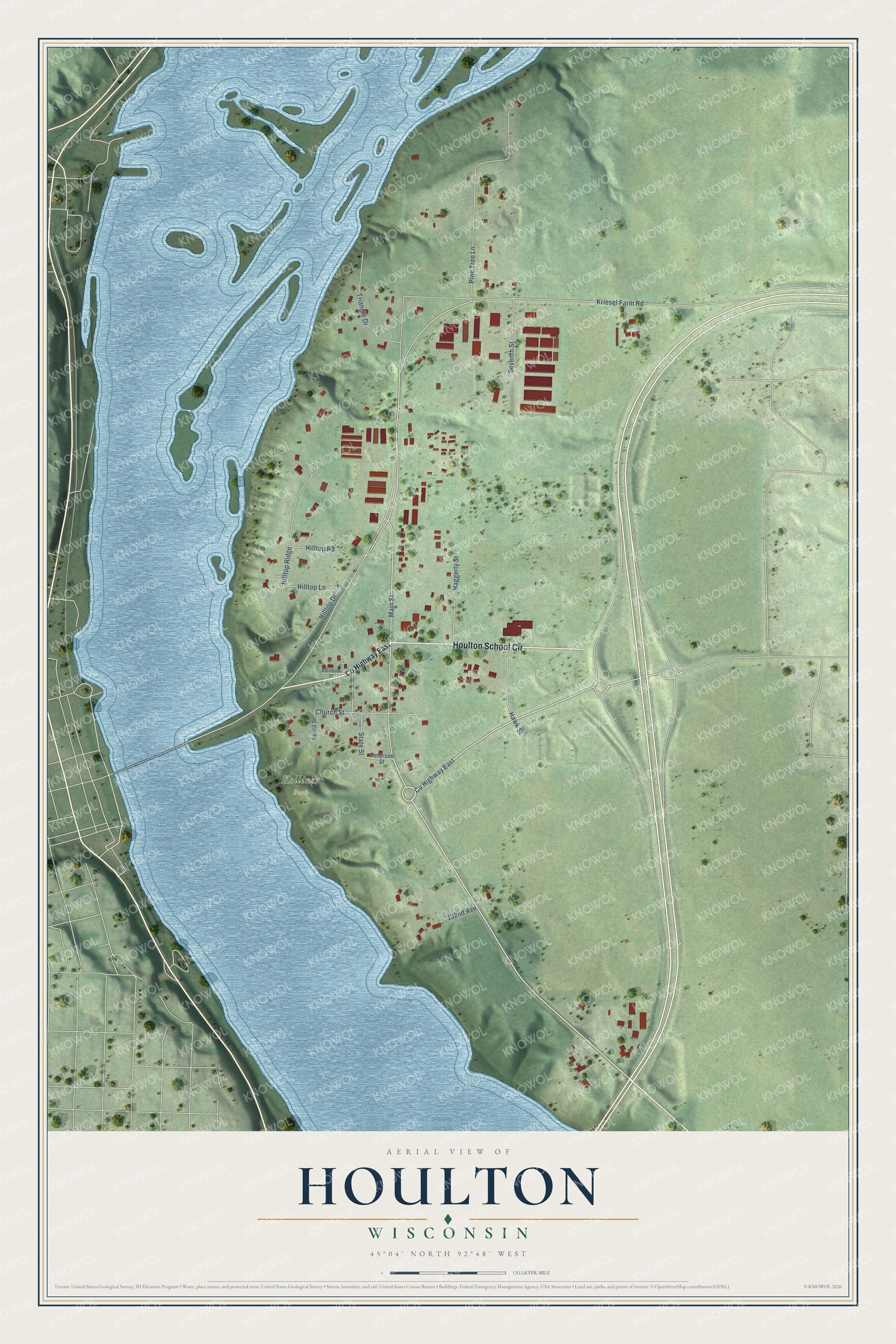 Full map of Houlton, Wisconsin, with red buildings, printed street names and the land around them