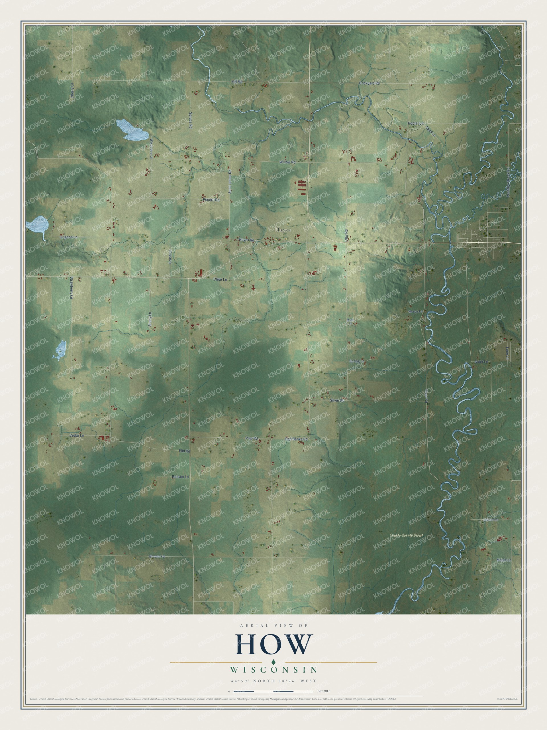 Full map of How, Wisconsin, with red buildings, printed street names and the land around them