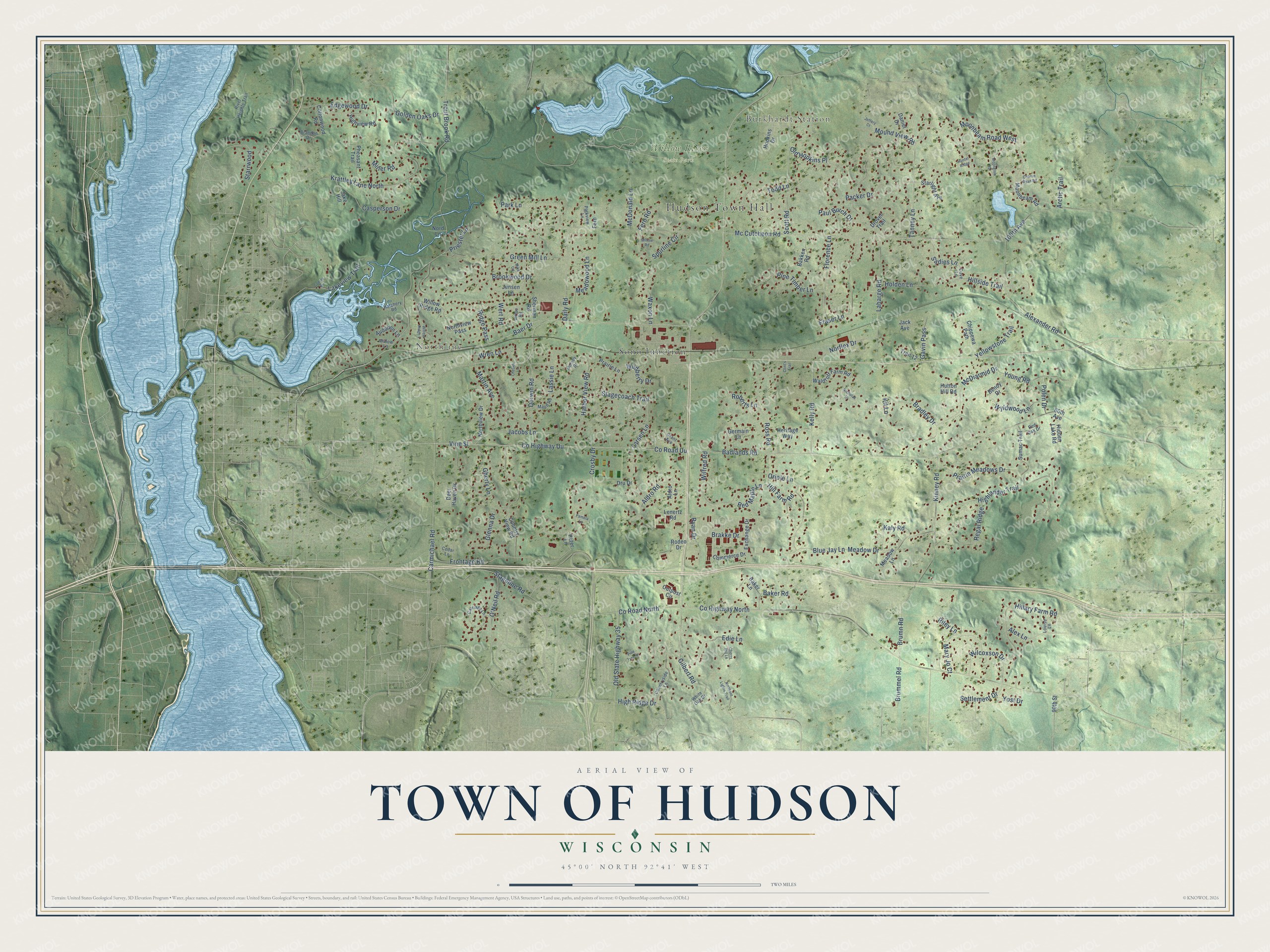 Full map of Hudson, Wisconsin, with red buildings, printed street names and the land around them