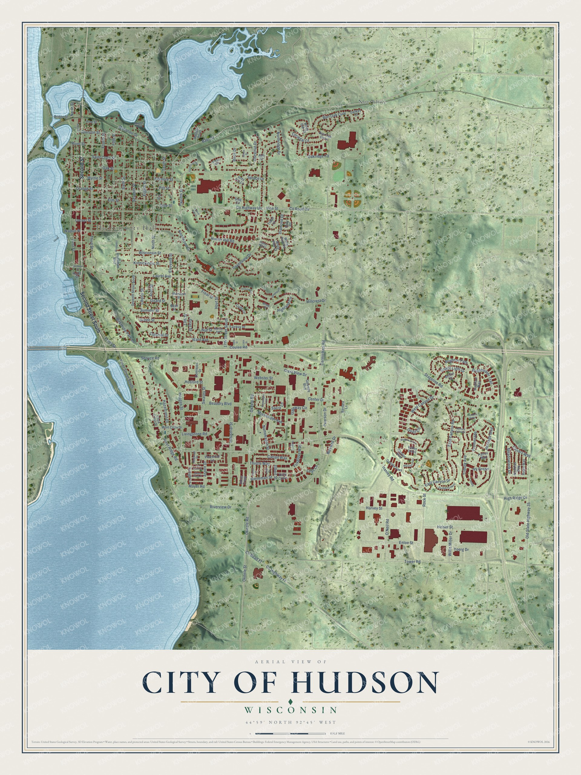 Full map of Hudson, Wisconsin, with red buildings, printed street names and the land around them