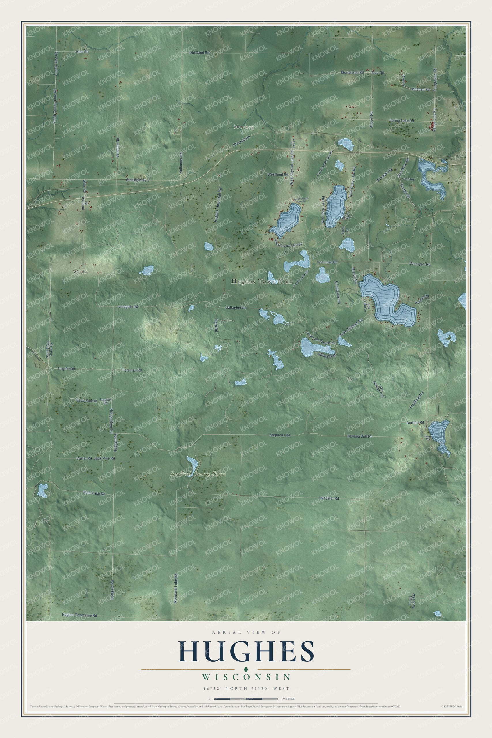 Full map of Hughes, Wisconsin, with red buildings, printed street names and the land around them