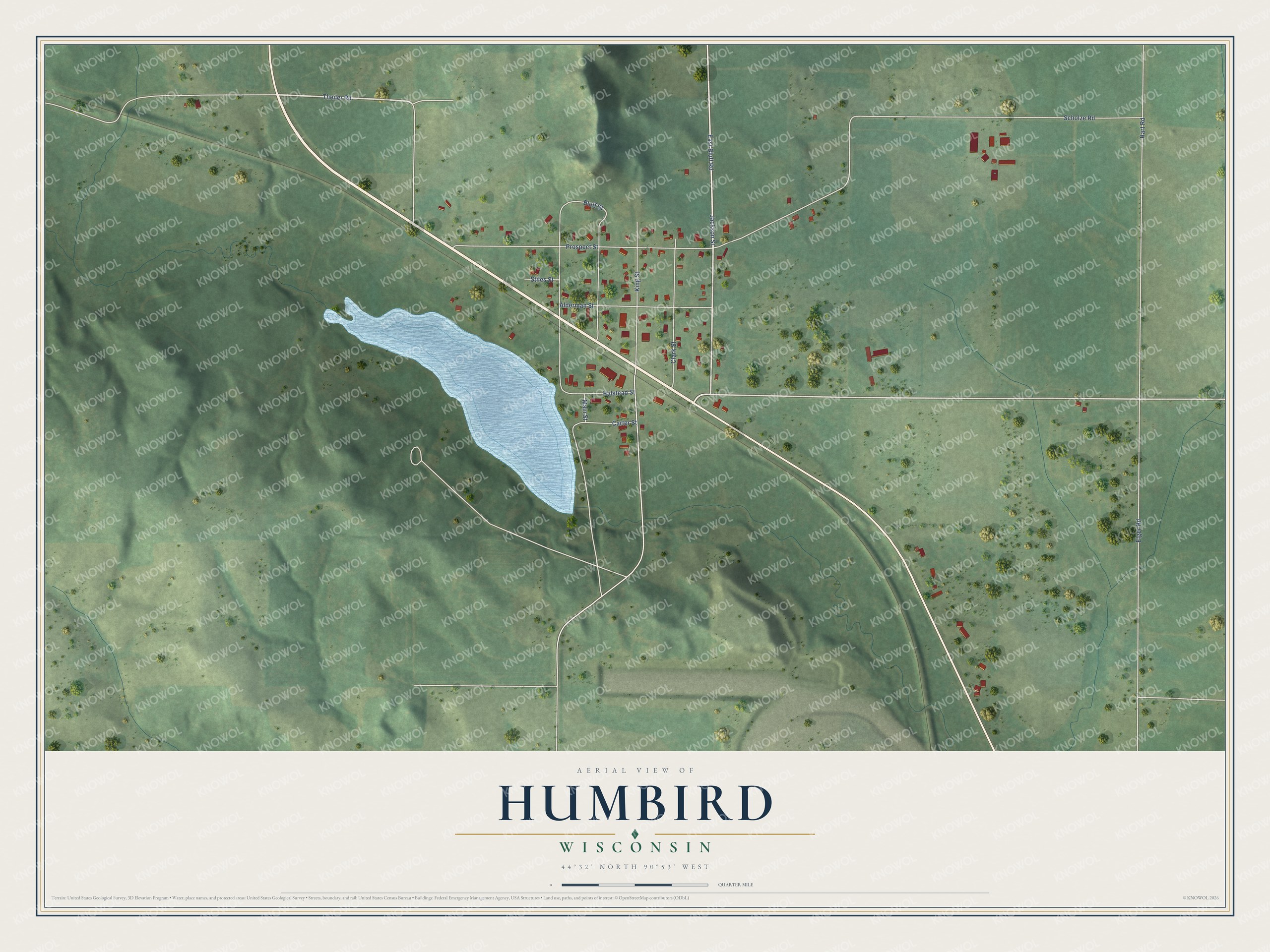 Full map of Humbird, Wisconsin, with red buildings, printed street names and the land around them