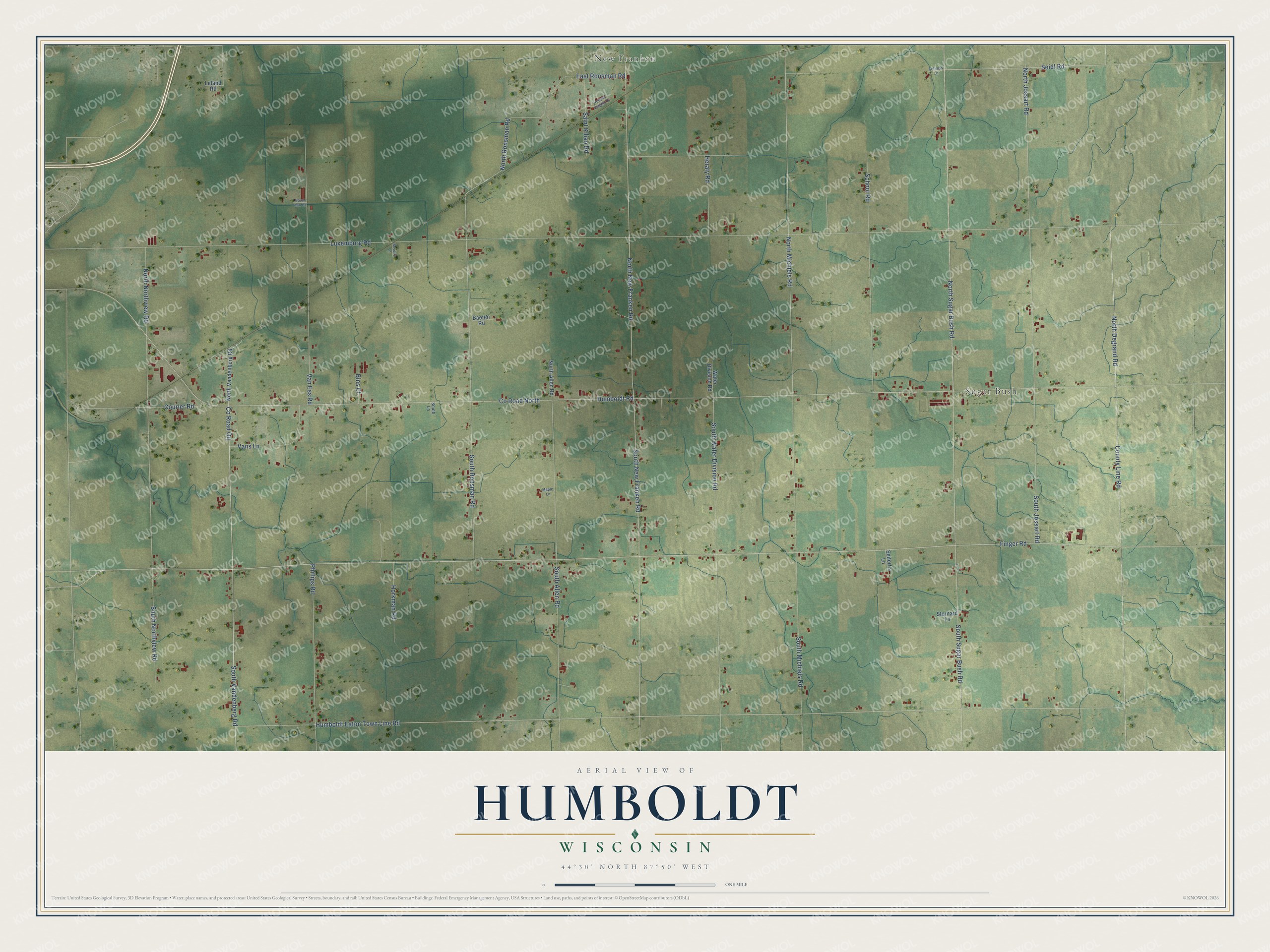 Full map of Humboldt, Wisconsin, with red buildings, printed street names and the land around them