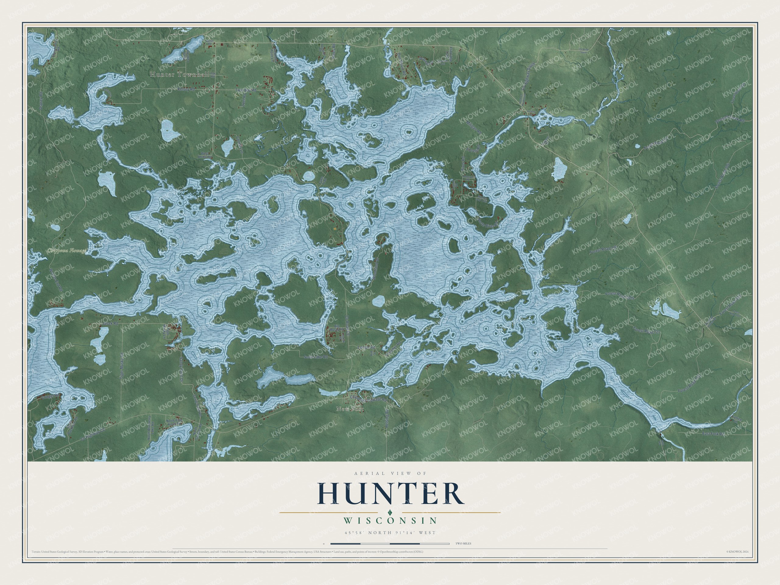 Full map of Hunter, Wisconsin, with red buildings, printed street names and the land around them
