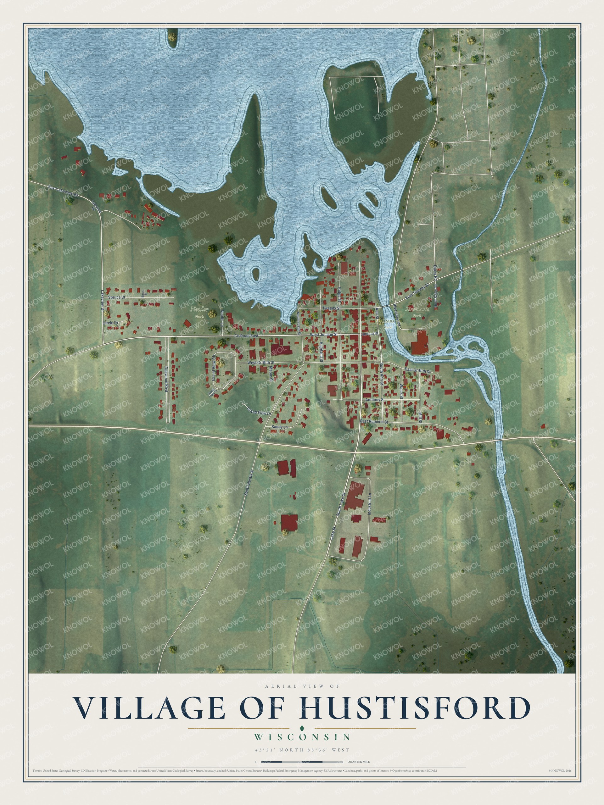Full map of Hustisford, Wisconsin, with red buildings, printed street names and the land around them