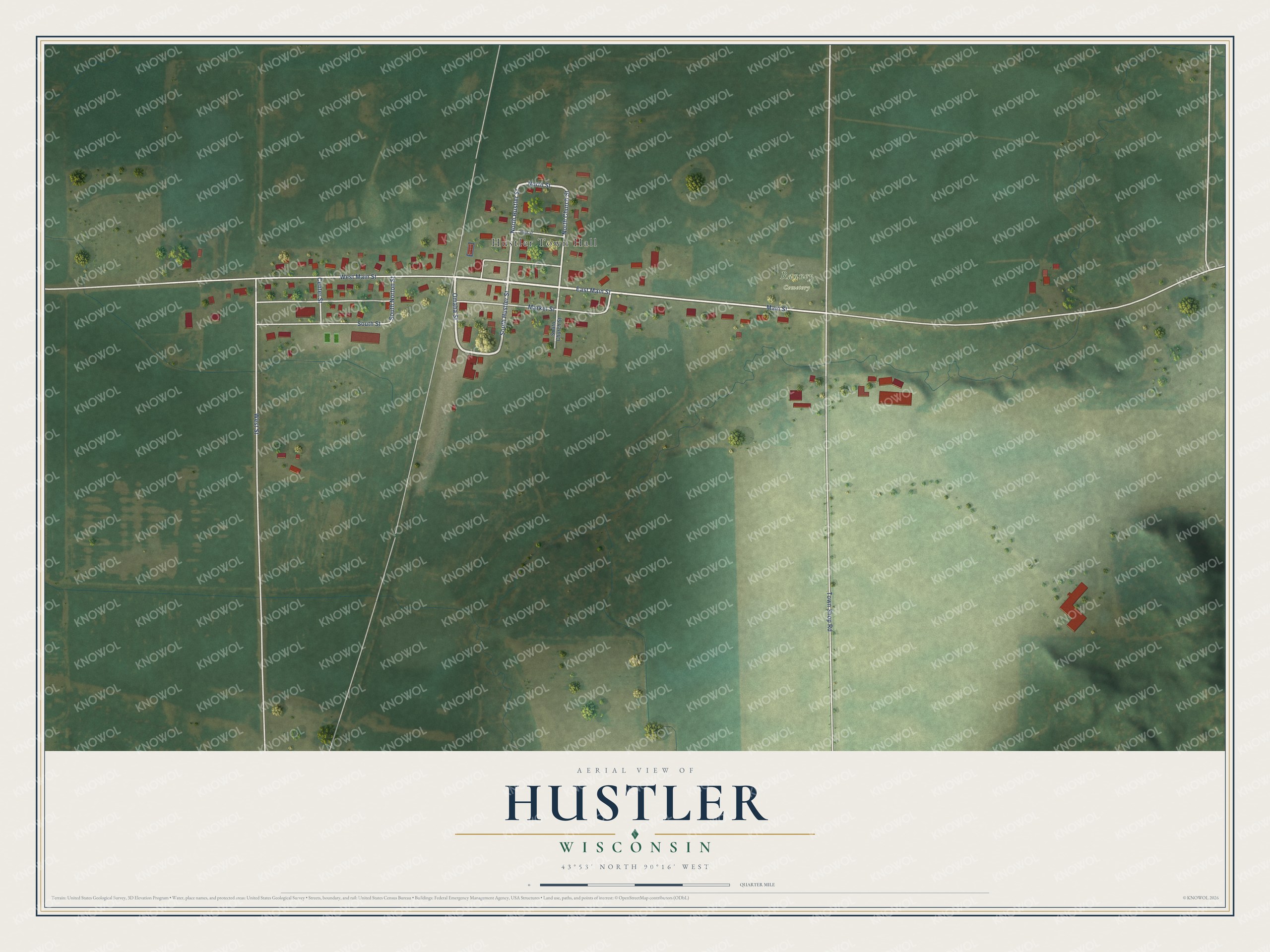 Full map of Hustler, Wisconsin, with red buildings, printed street names and the land around them