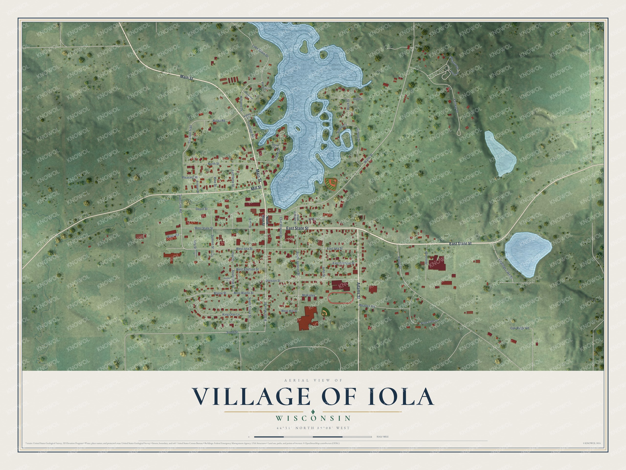 Full map of Iola, Wisconsin, with red buildings, printed street names and the land around them