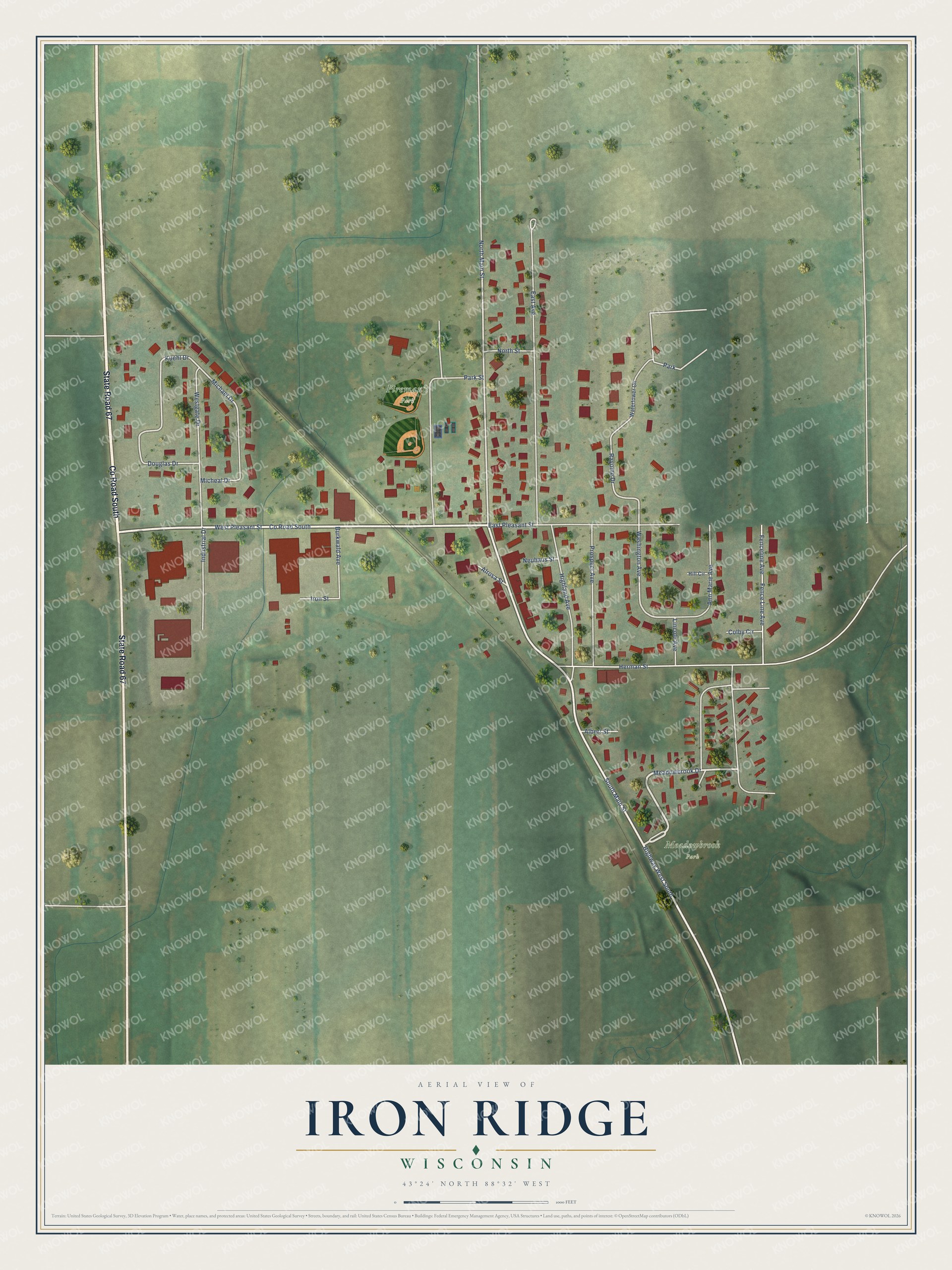 Full map of Iron Ridge, Wisconsin, with red buildings, printed street names and the land around them