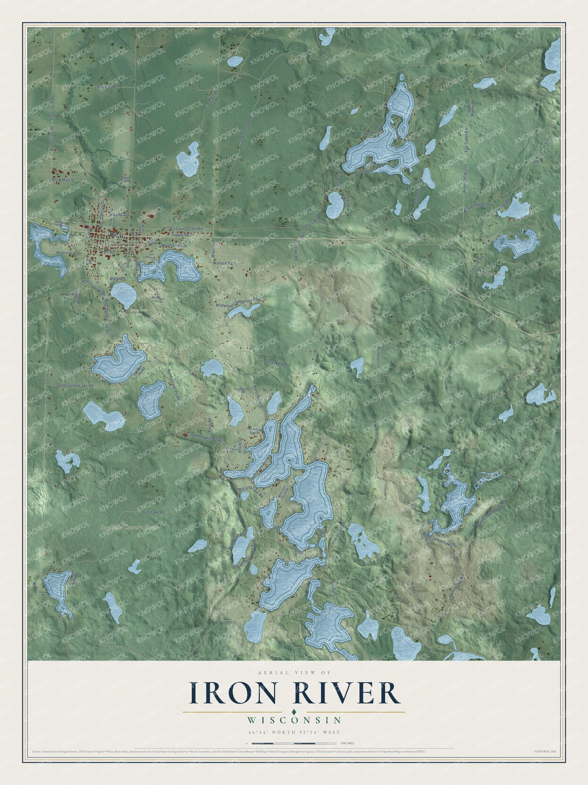 Full map of Iron River, Wisconsin, with red buildings, printed street names and the land around them