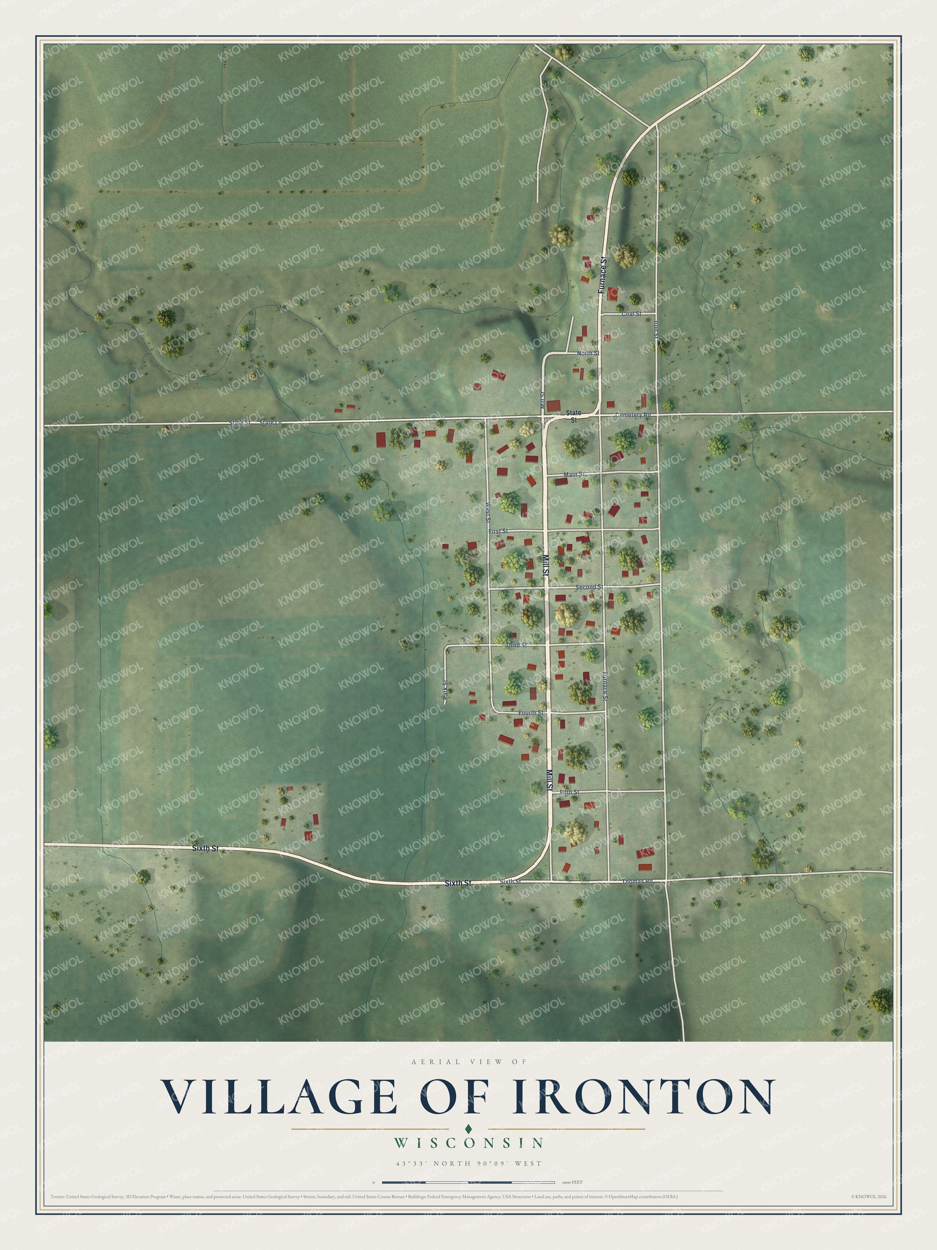 Full map of Ironton, Wisconsin, with red buildings, printed street names and the land around them