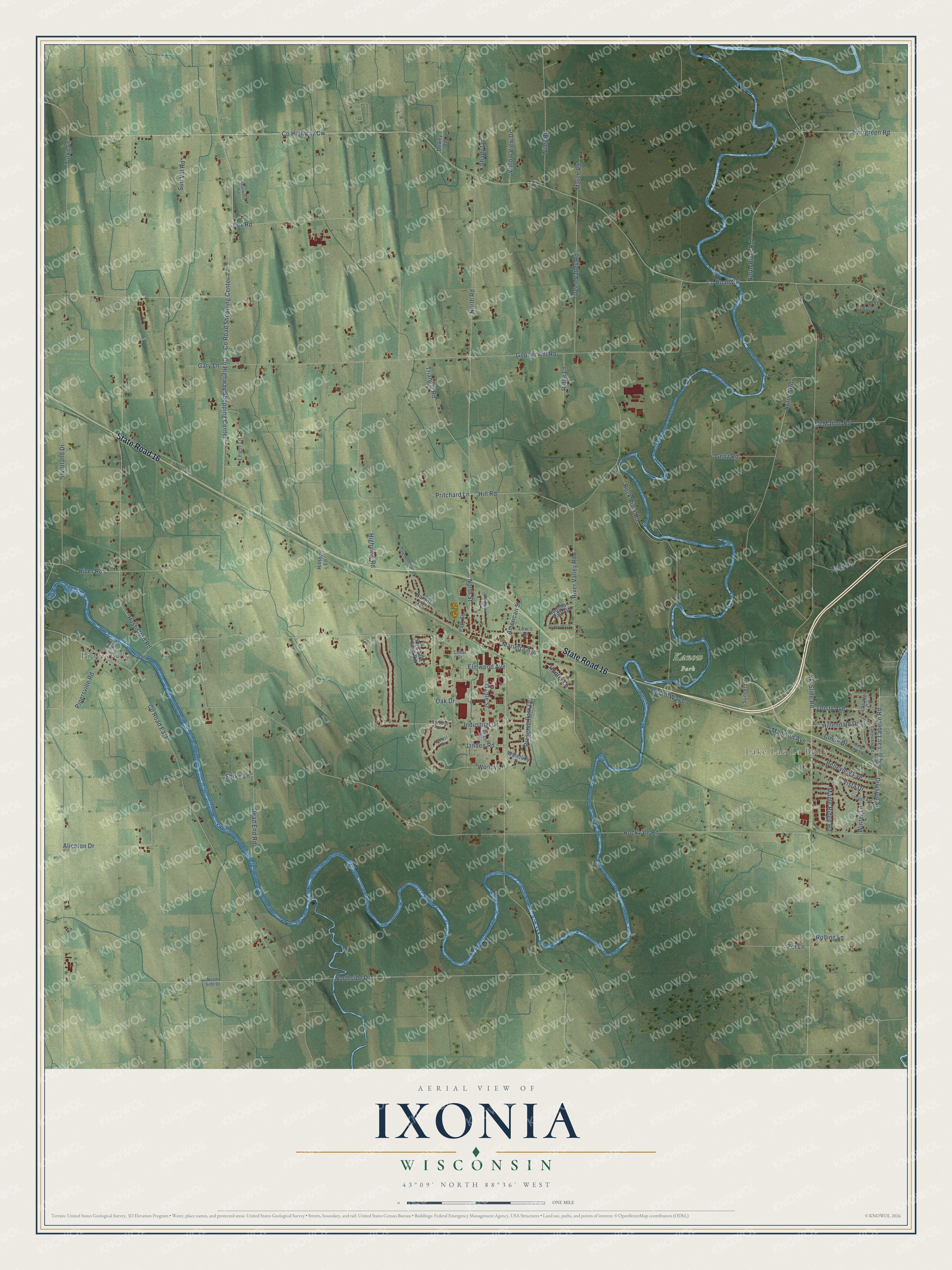 Full map of Ixonia, Wisconsin, with red buildings, printed street names and the land around them