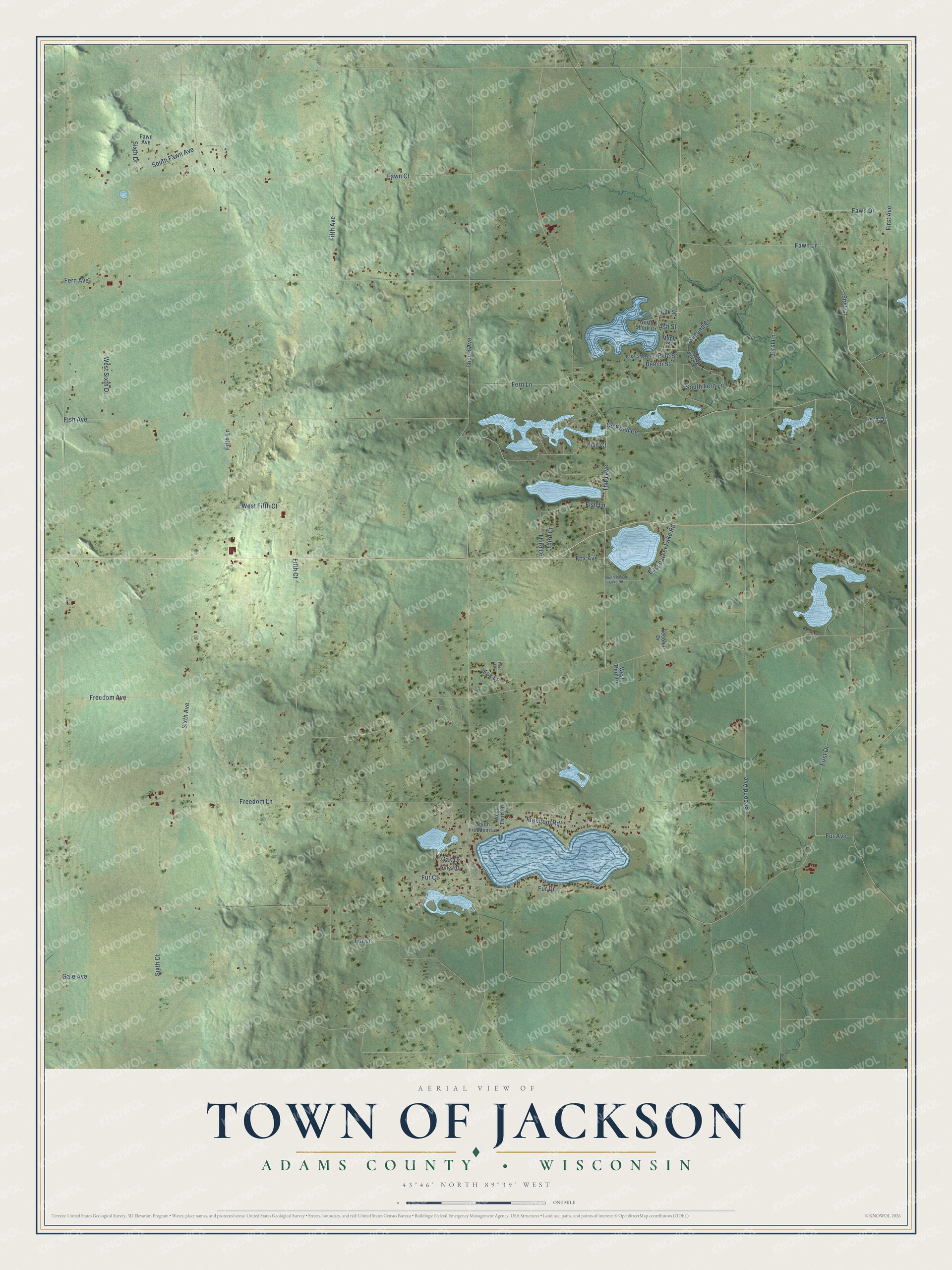 Full map of Jackson, Wisconsin, with red buildings, printed street names and the land around them