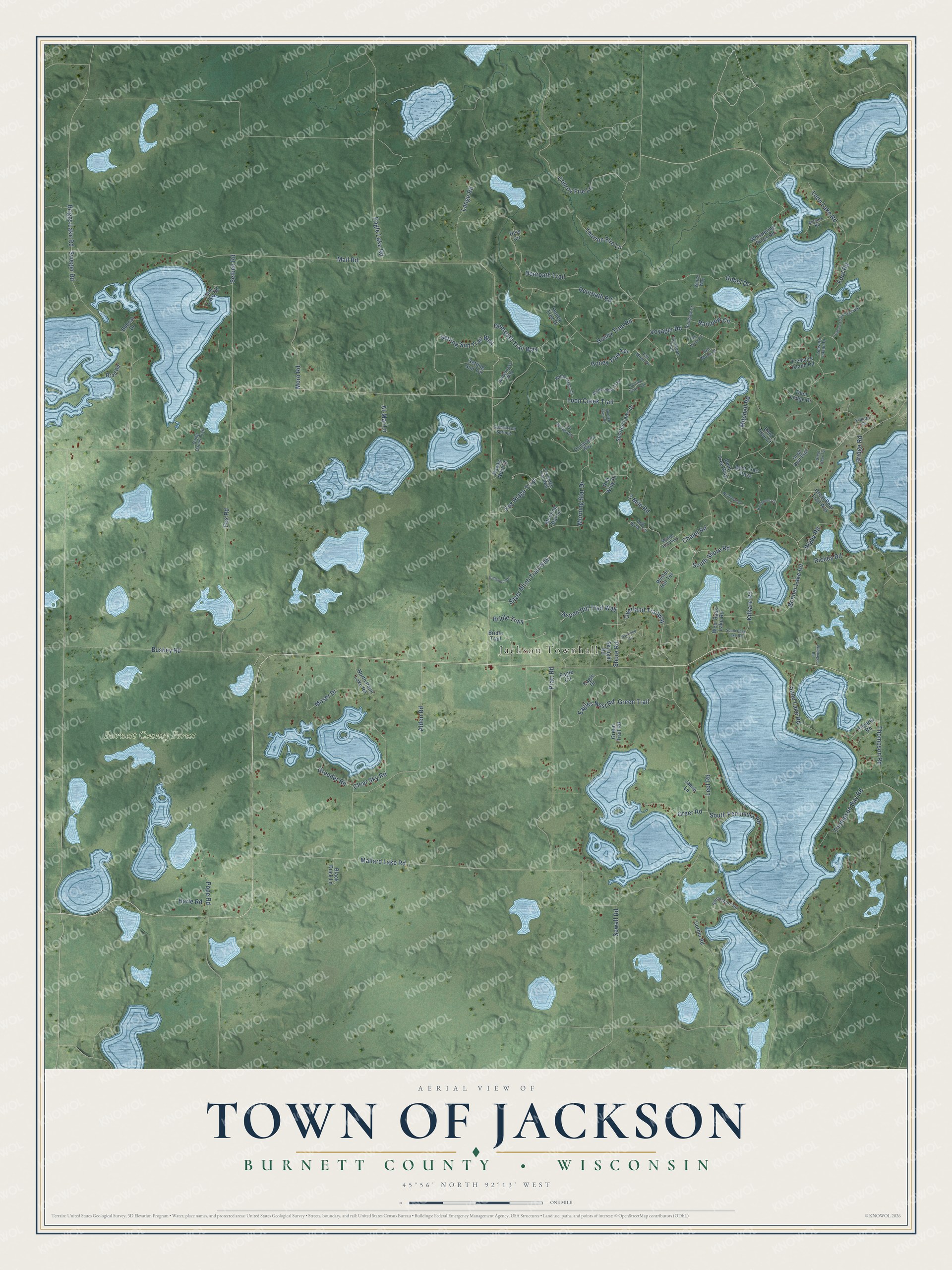 Full map of Jackson, Wisconsin, with red buildings, printed street names and the land around them