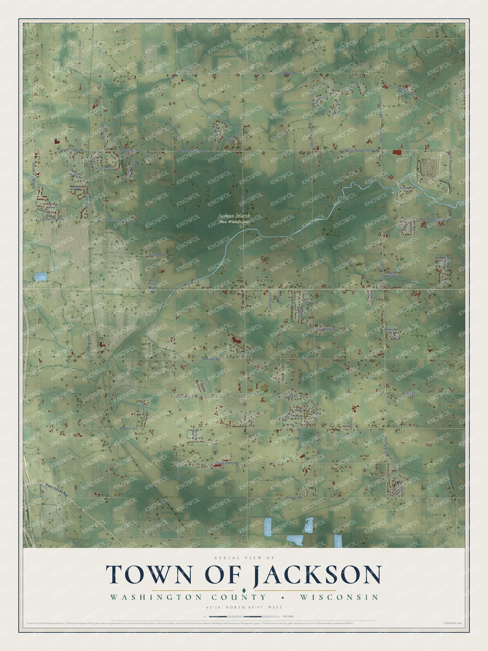 Full map of Jackson, Wisconsin, with red buildings, printed street names and the land around them