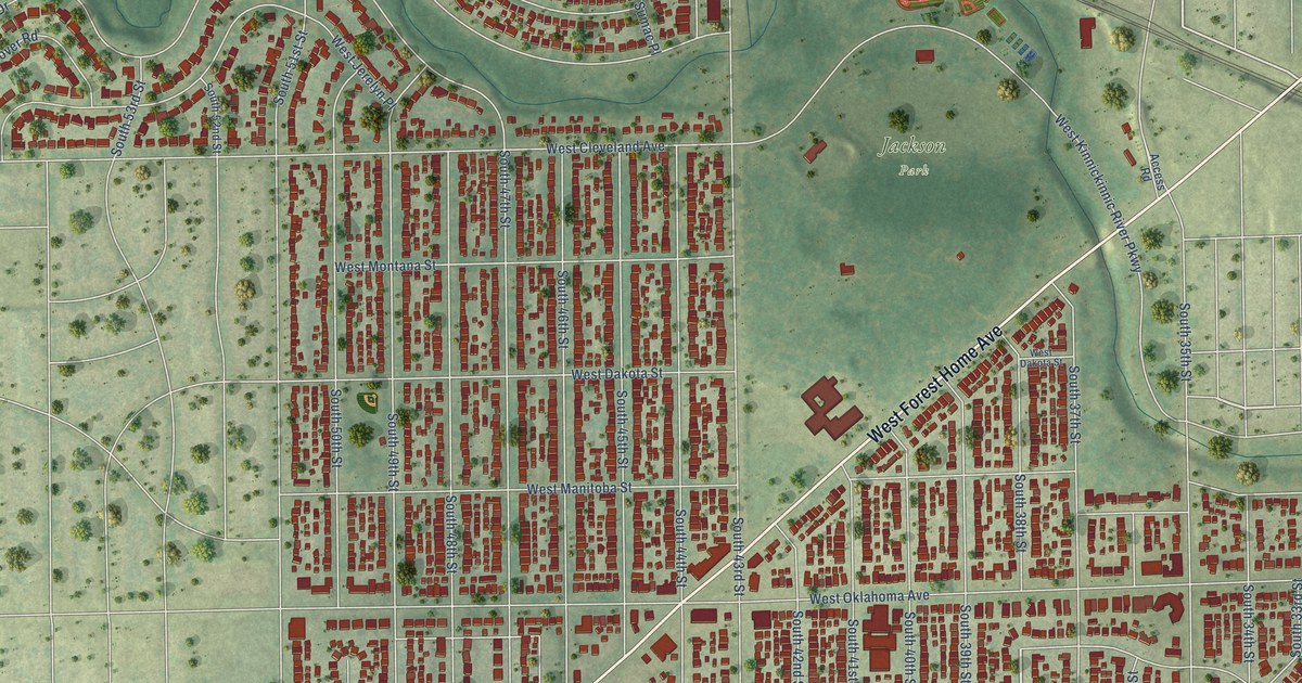 Close-up of streets and buildings in Jackson Park, Wisconsin