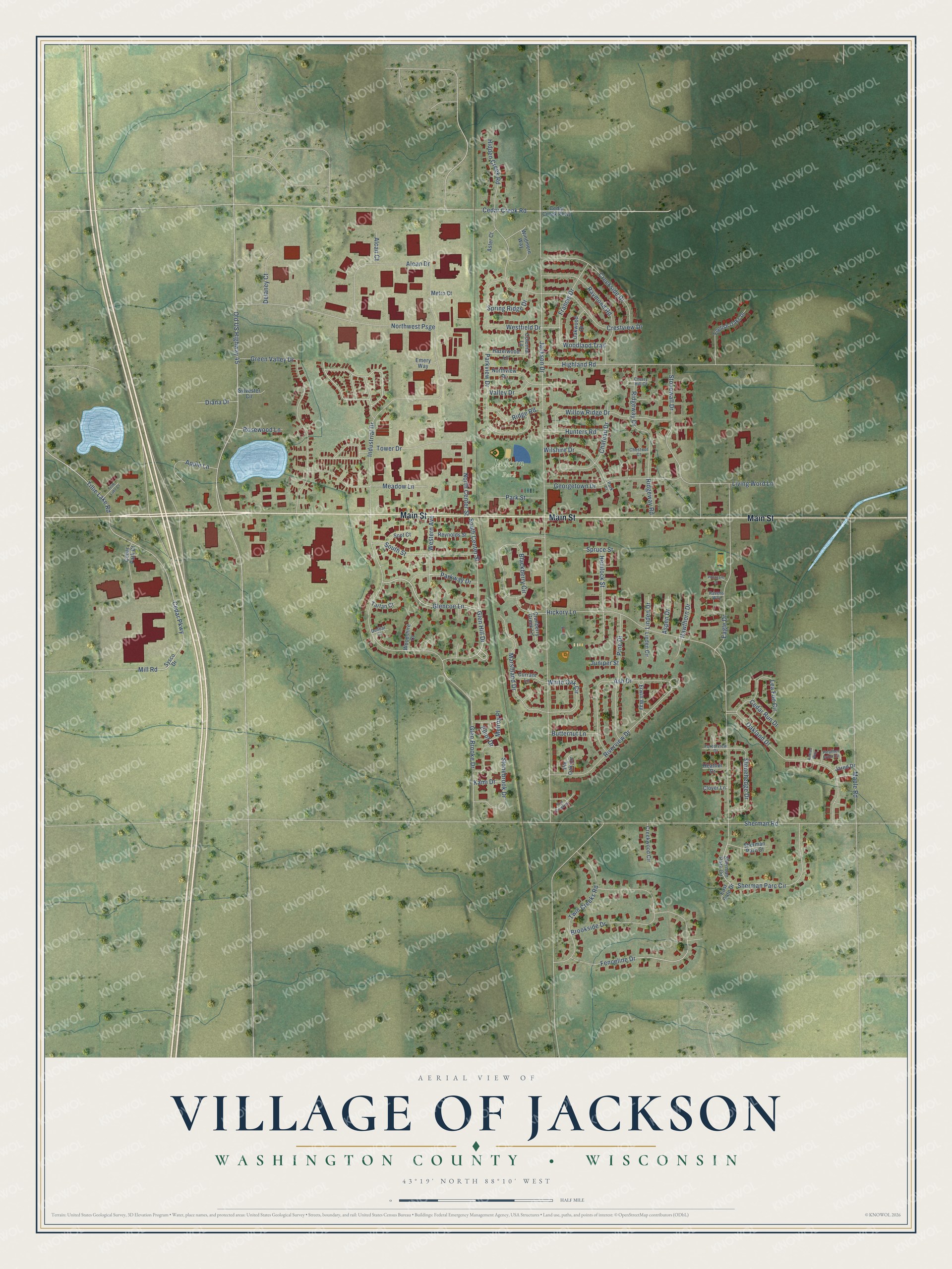 Full map of Jackson, Wisconsin, with red buildings, printed street names and the land around them