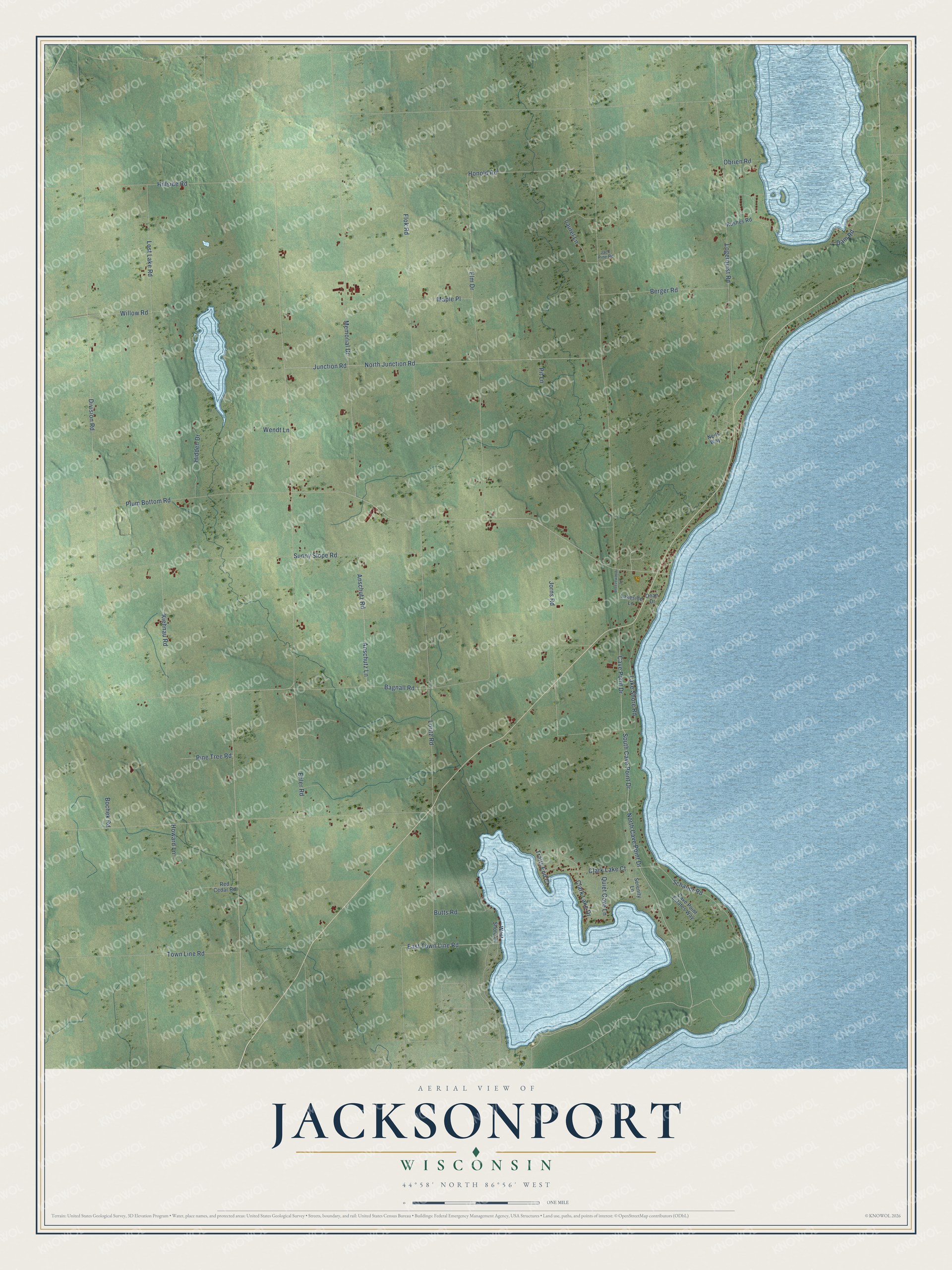 Full map of Jacksonport, Wisconsin, with red buildings, printed street names and the land around them