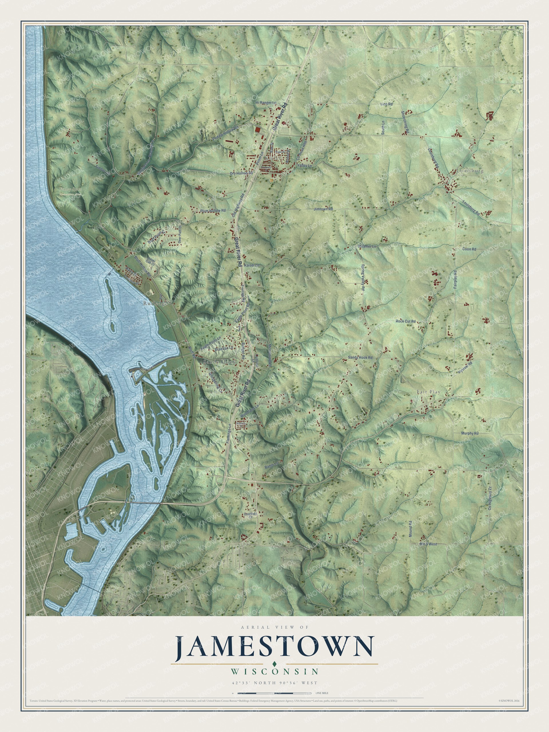 Full map of Jamestown, Wisconsin, with red buildings, printed street names and the land around them
