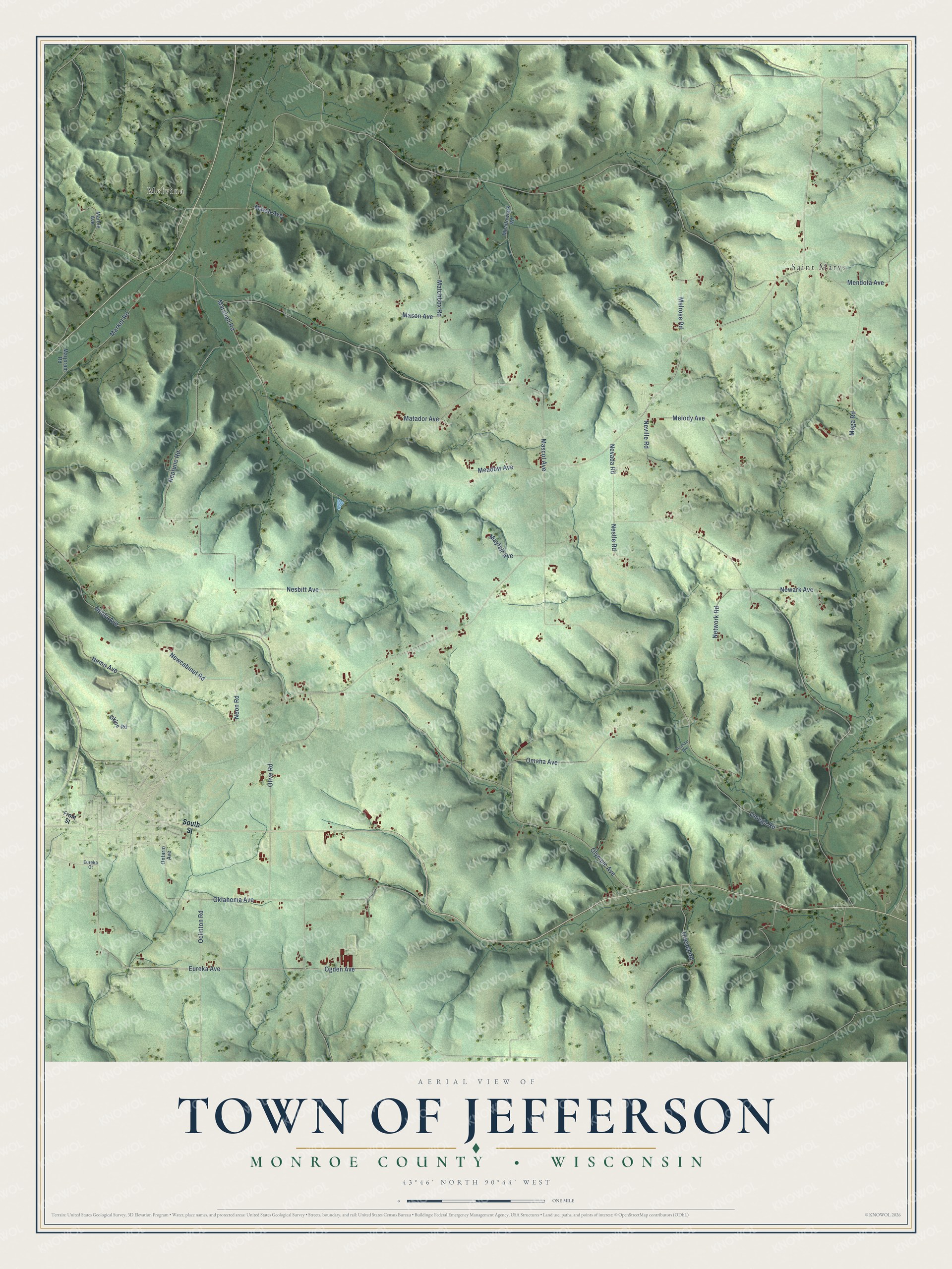 Full map of Jefferson, Wisconsin, with red buildings, printed street names and the land around them