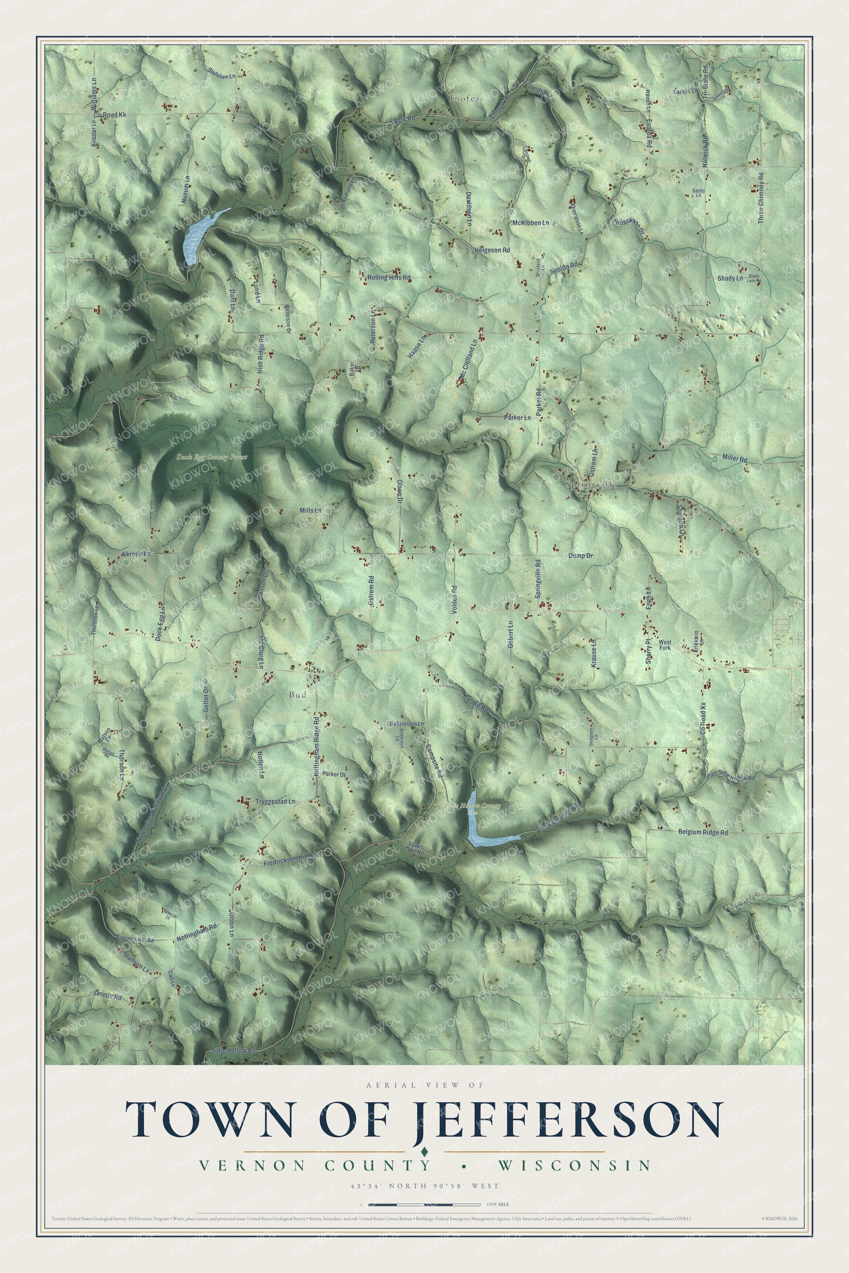 Full map of Jefferson, Wisconsin, with red buildings, printed street names and the land around them