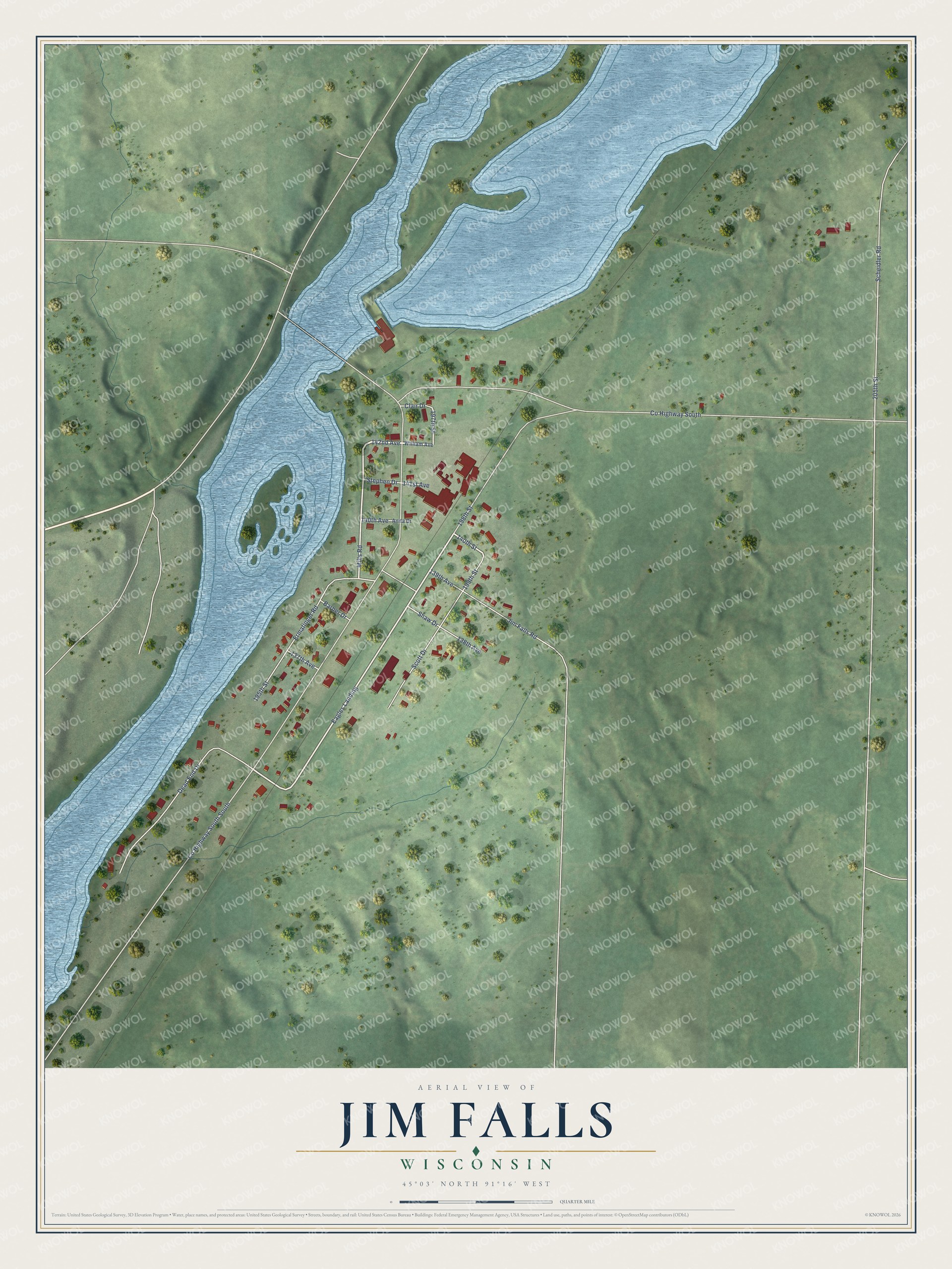 Full map of Jim Falls, Wisconsin, with red buildings, printed street names and the land around them