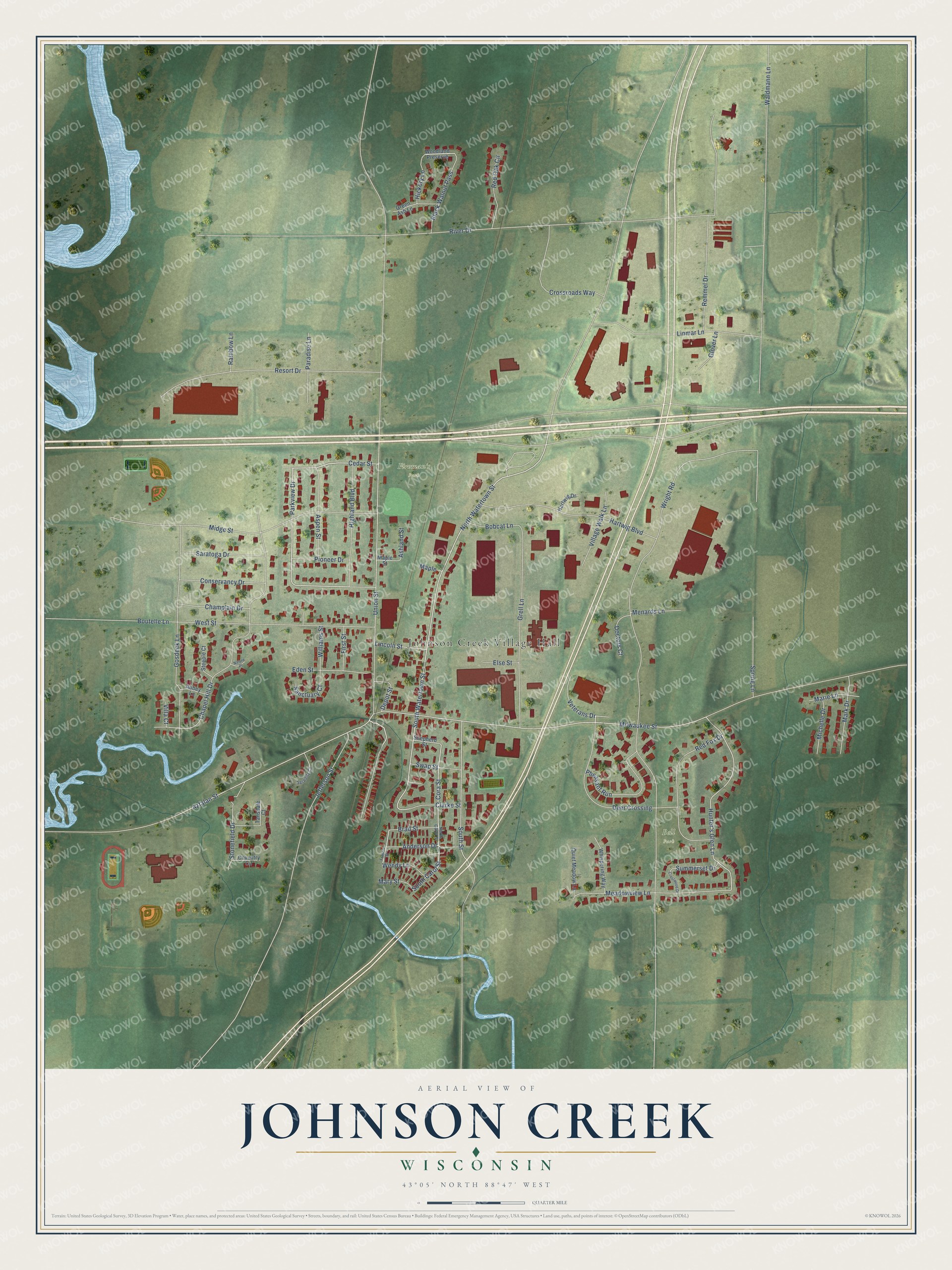 Full map of Johnson Creek, Wisconsin, with red buildings, printed street names and the land around them