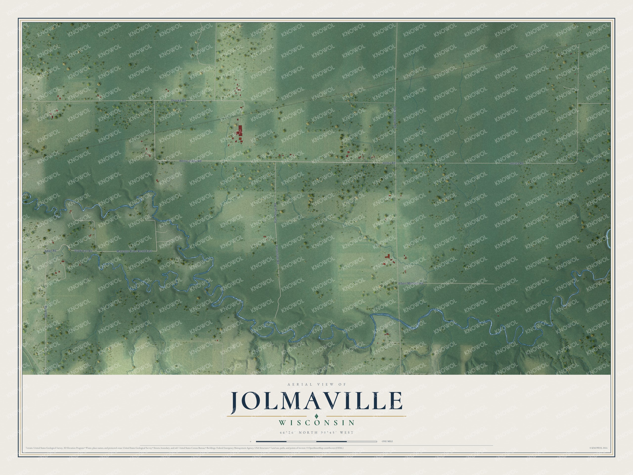 Full map of Jolmaville, Wisconsin, with red buildings, printed street names and the land around them