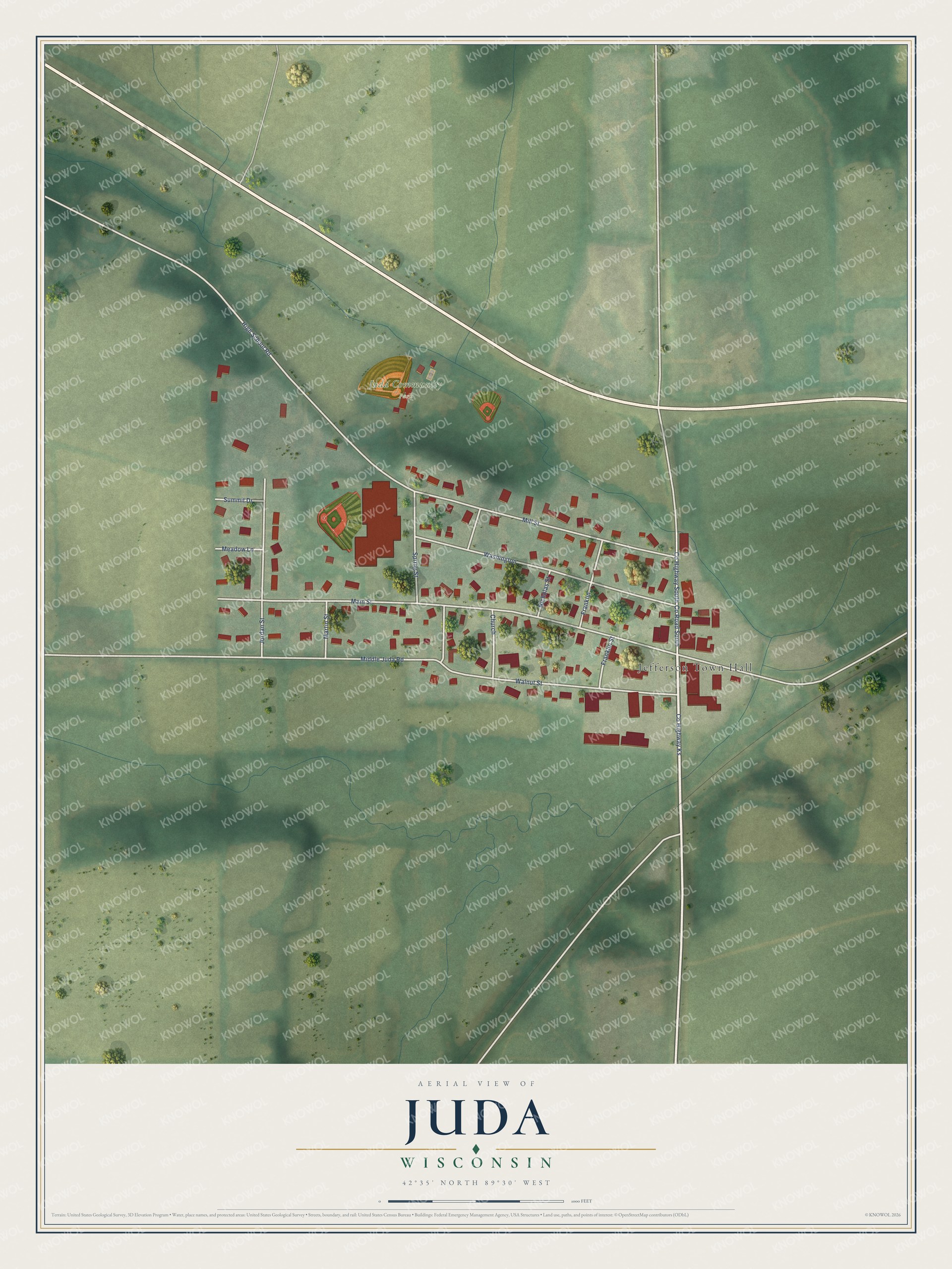 Full map of Juda, Wisconsin, with red buildings, printed street names and the land around them