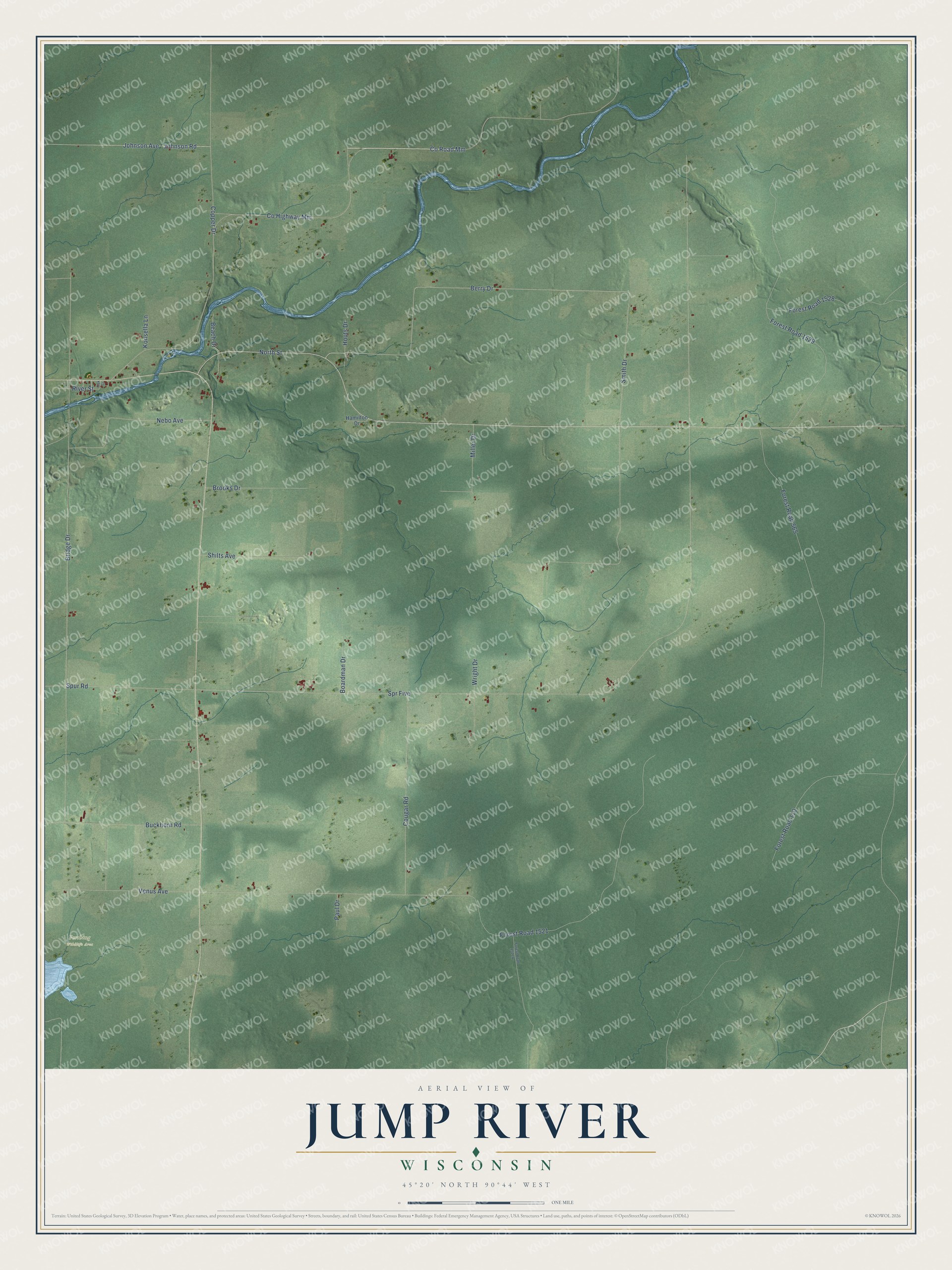 Full map of Jump River, Wisconsin, with red buildings, printed street names and the land around them